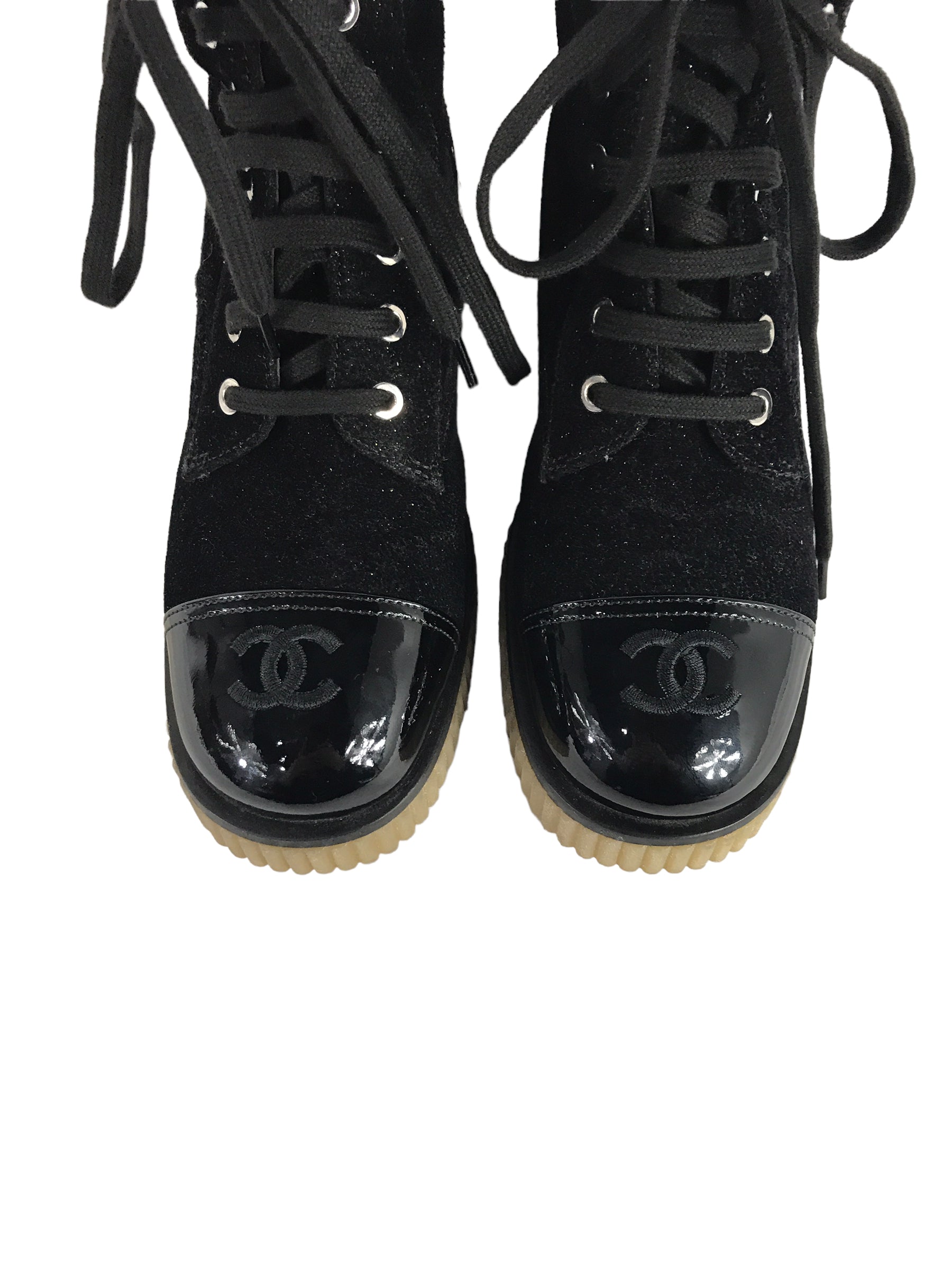 Black Glitter Tweed/Patent leather Cap Toe Shearling CC Combat