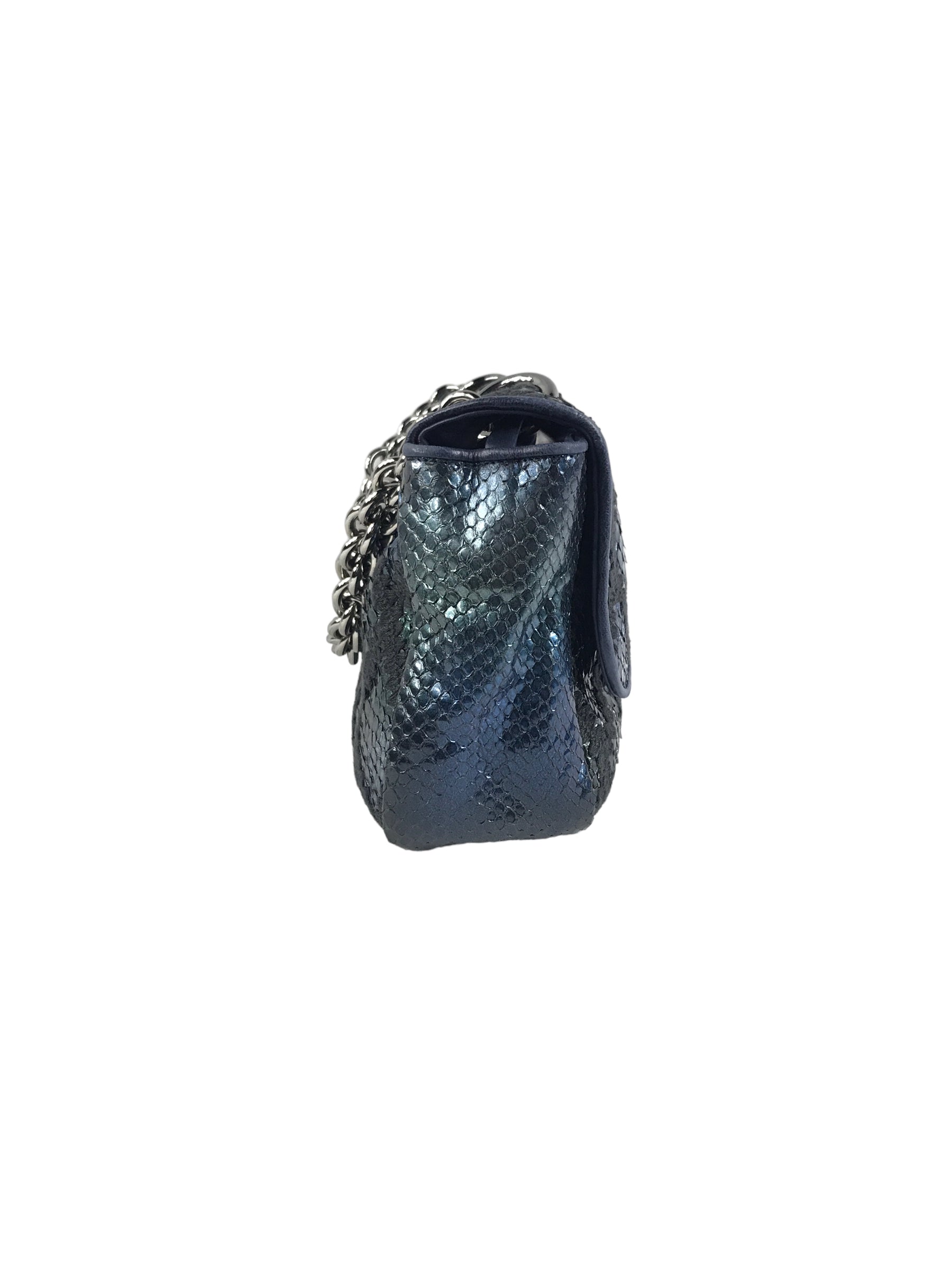 Blue Iridescent Python Quilted Maxi Flap Bag w/SHW Thick Chain Links