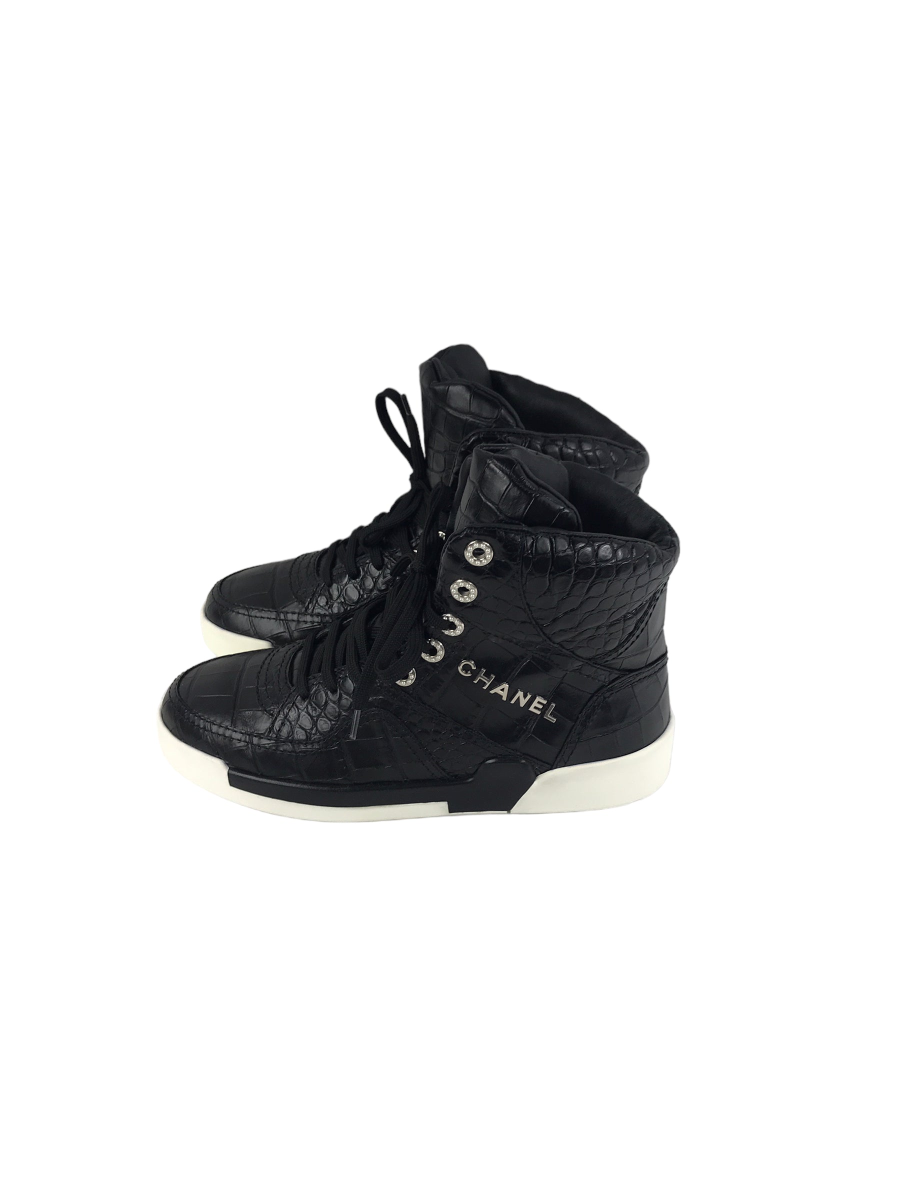 Black 19A Croc Embossed Calfskin Leather W/ accent pearls High Top Sneakers