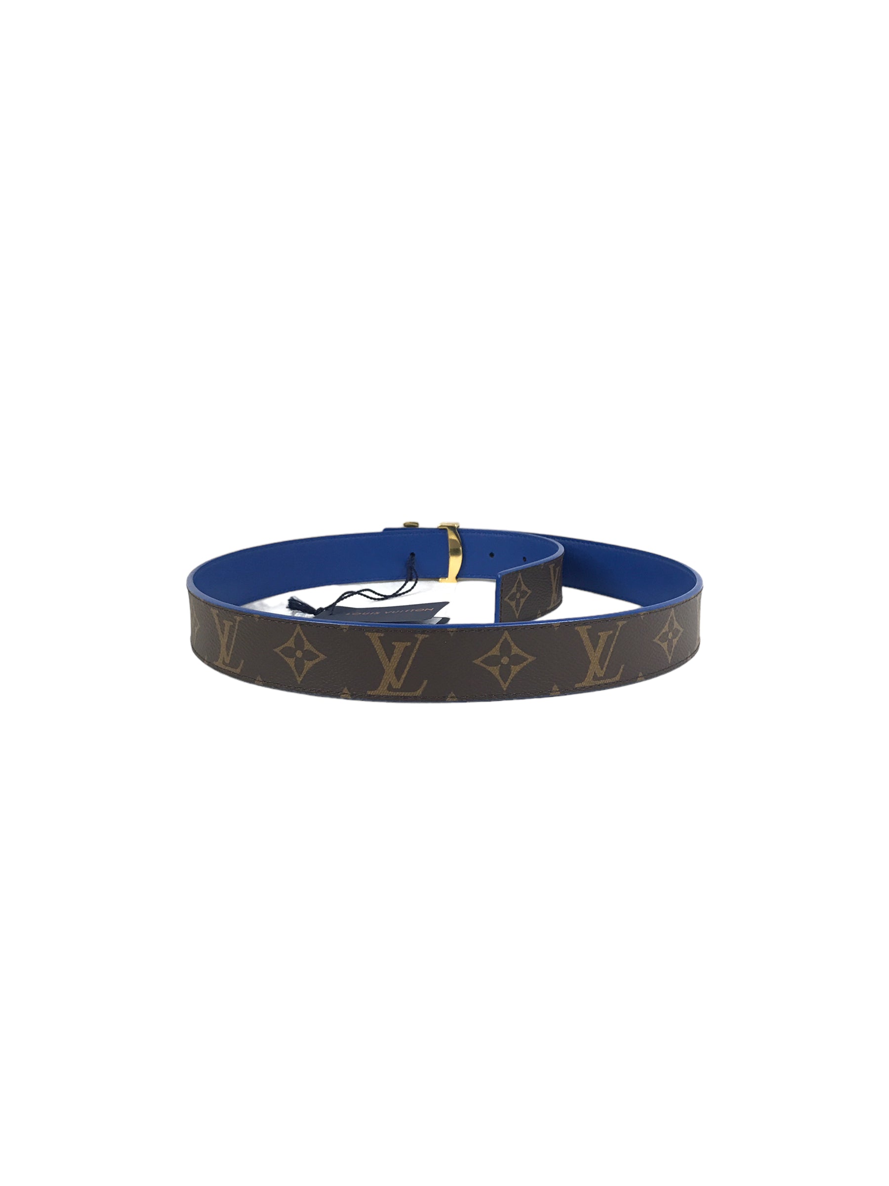 LV initials Monogram/ Blue Calfskin Leather Reversible Belt w/GHW