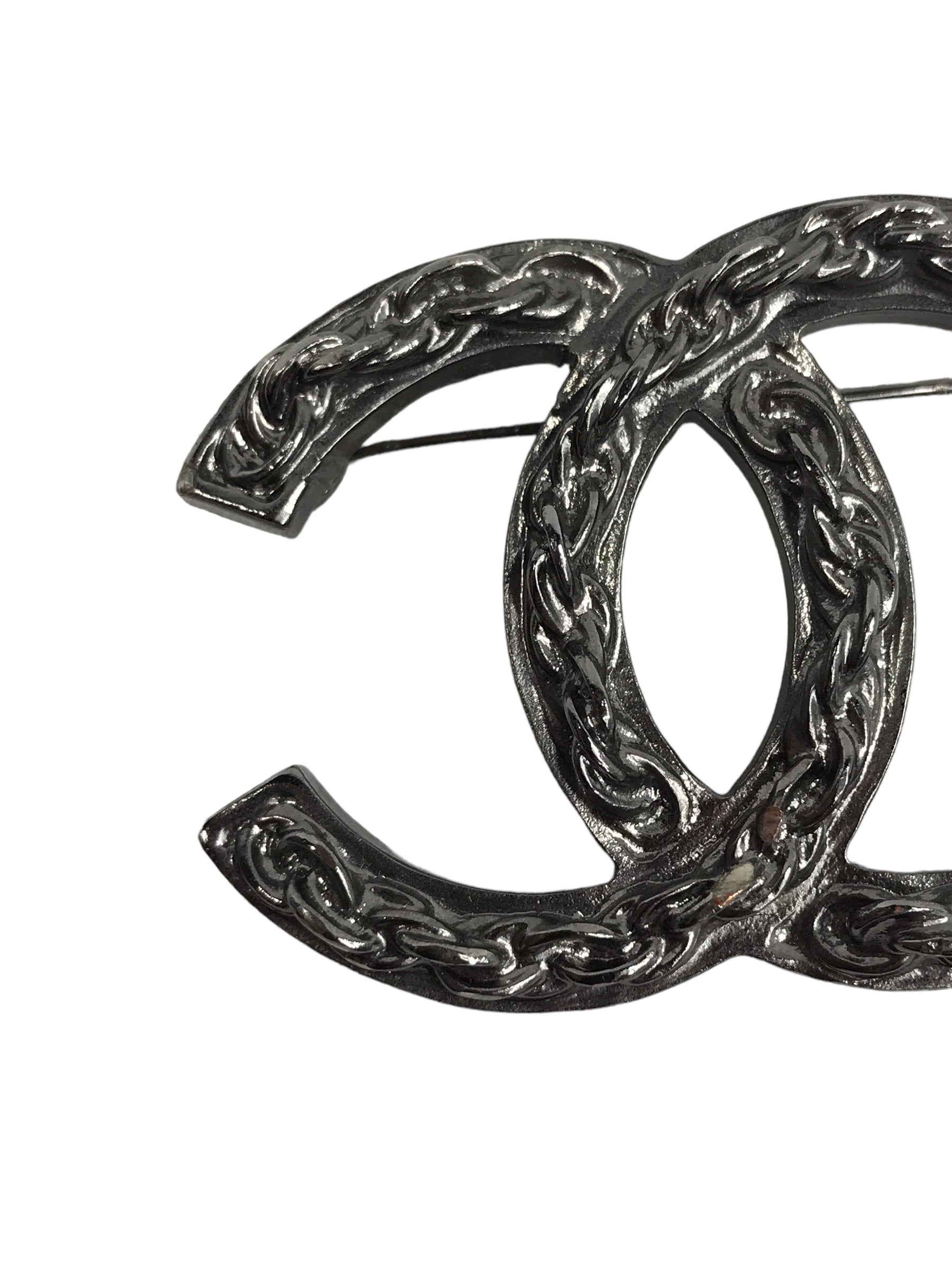 CC Rhodium Brooch with Chain Detail