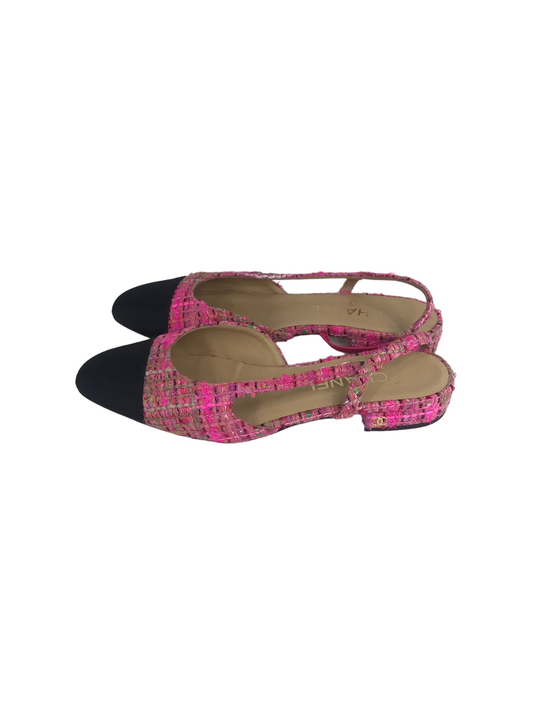 Chanel Pink Tweed & Black Kitten Heel Slingbacks