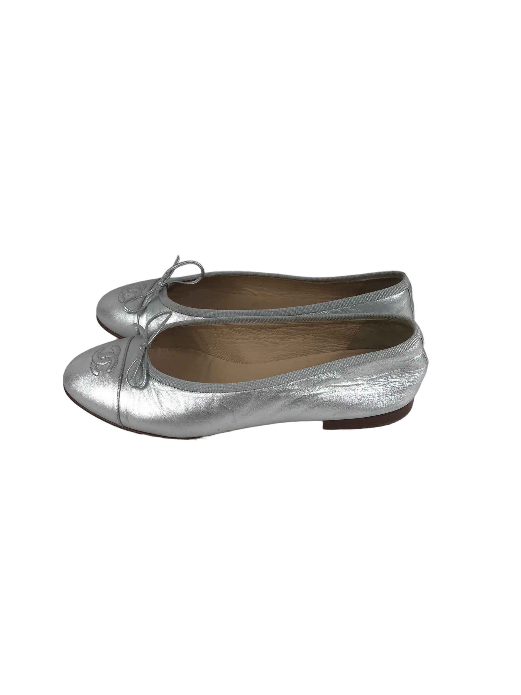 Chanel Silver Metallic Lambskin Ballet Flats