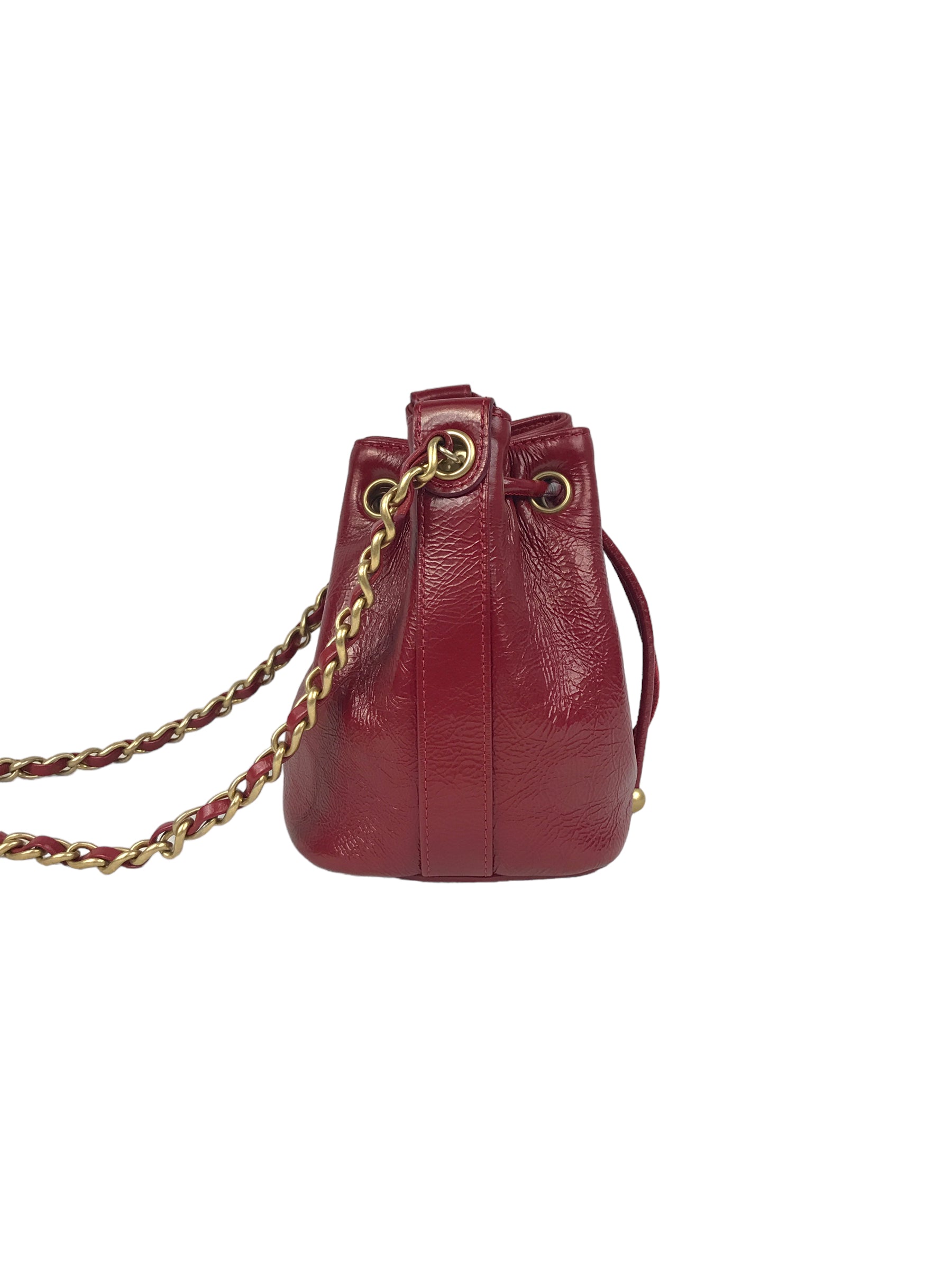 Red Shiny Aged Calfskin Leather Mini Bucket Bag w/AGHW Chain