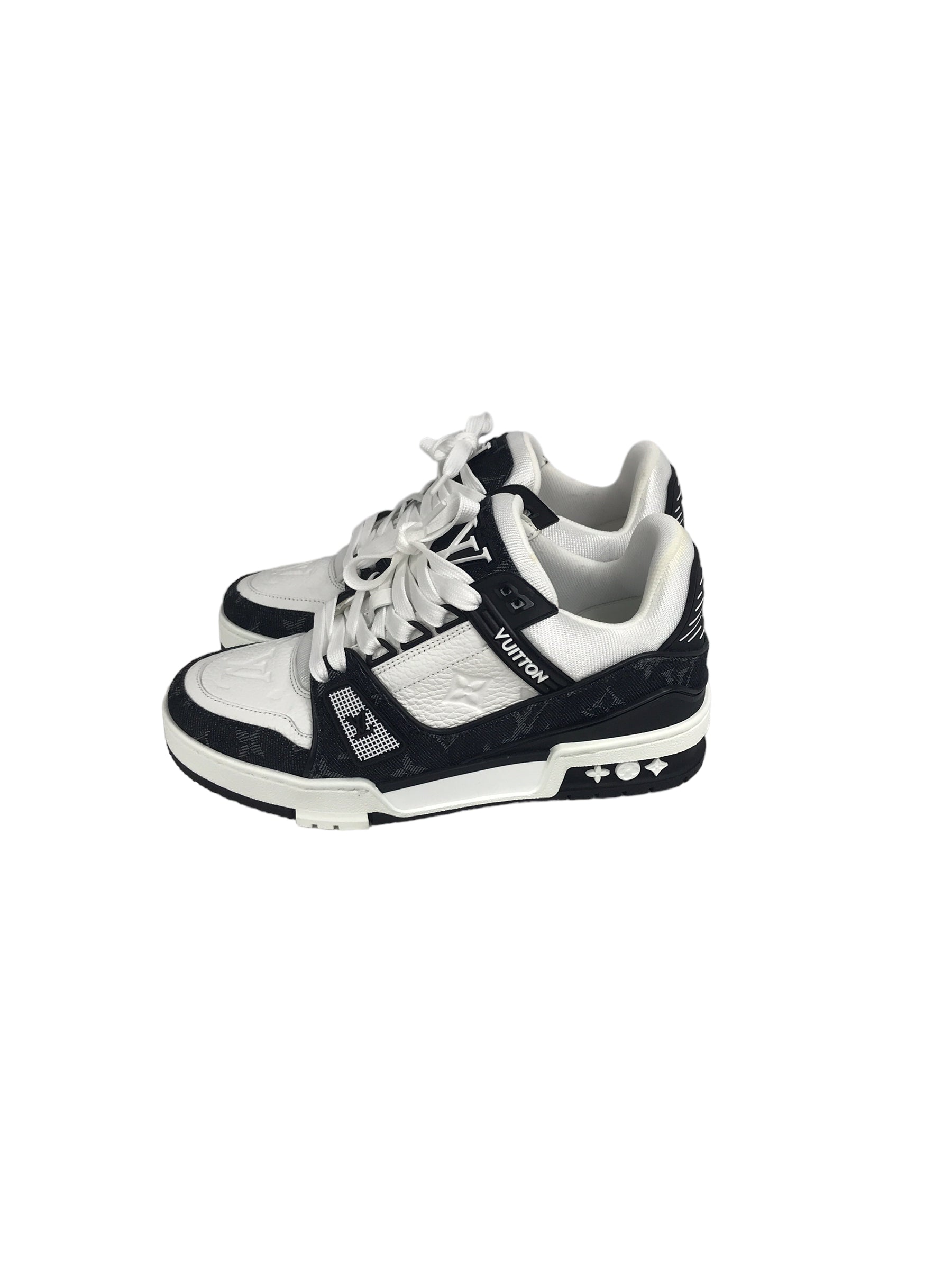 White Monogram Embossed Grained Calf leather &/Black Monogram Denim Trainer Sneakers,