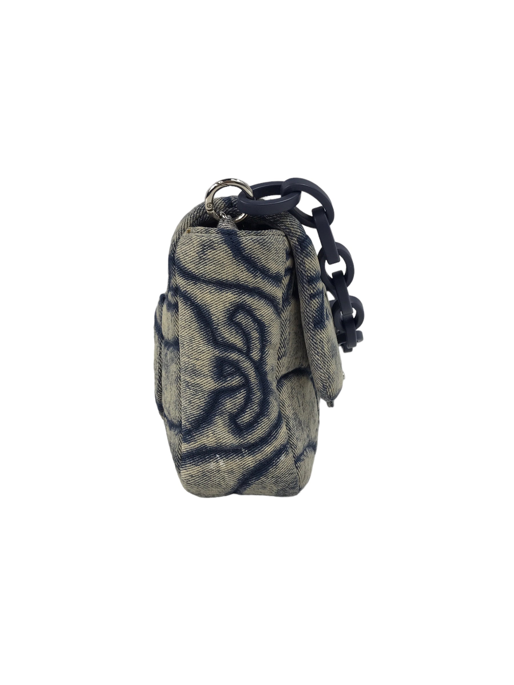 CC Blue Denim Wave Flap Bag w/SHW/ Blue enamel short strap