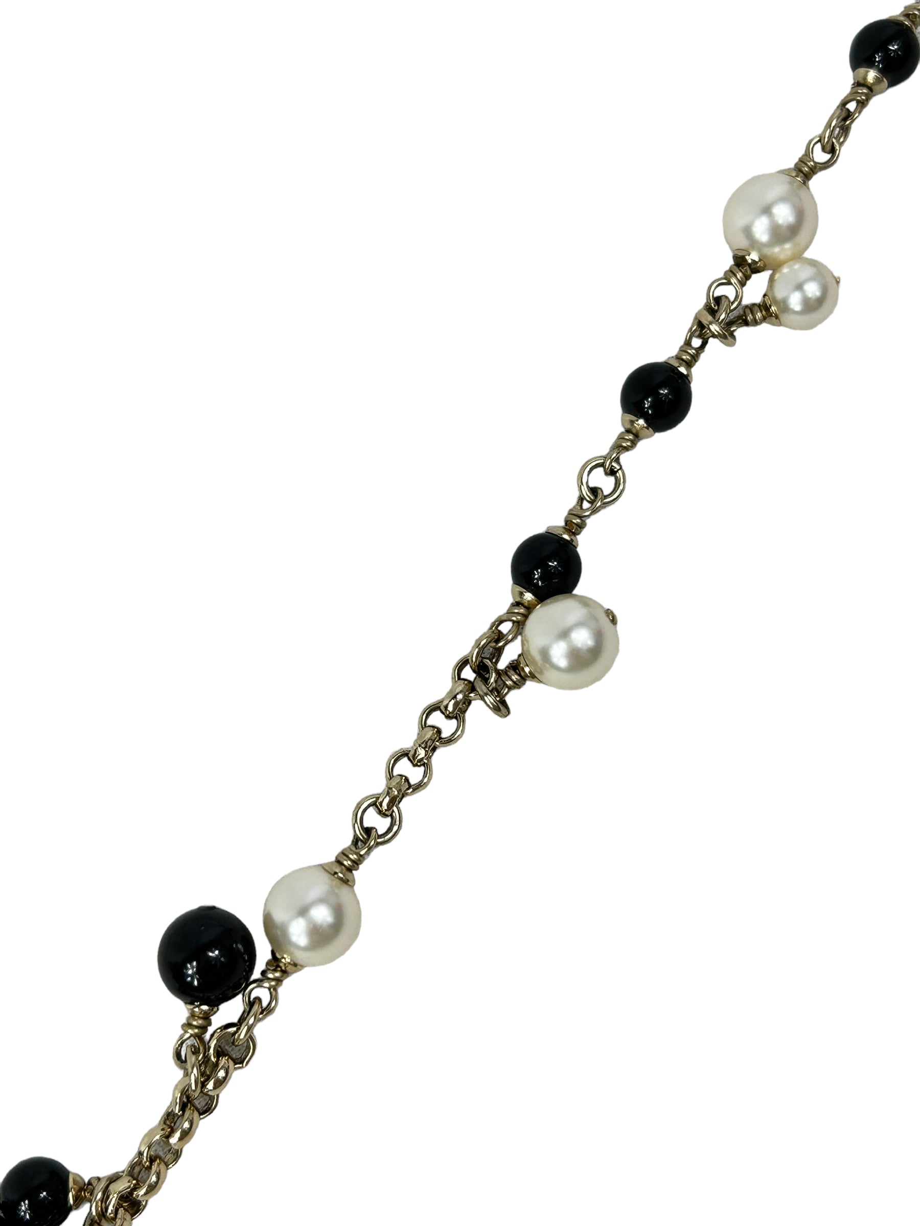 Costume Pearl/Black Enamel and CC Clover Gold Necklace