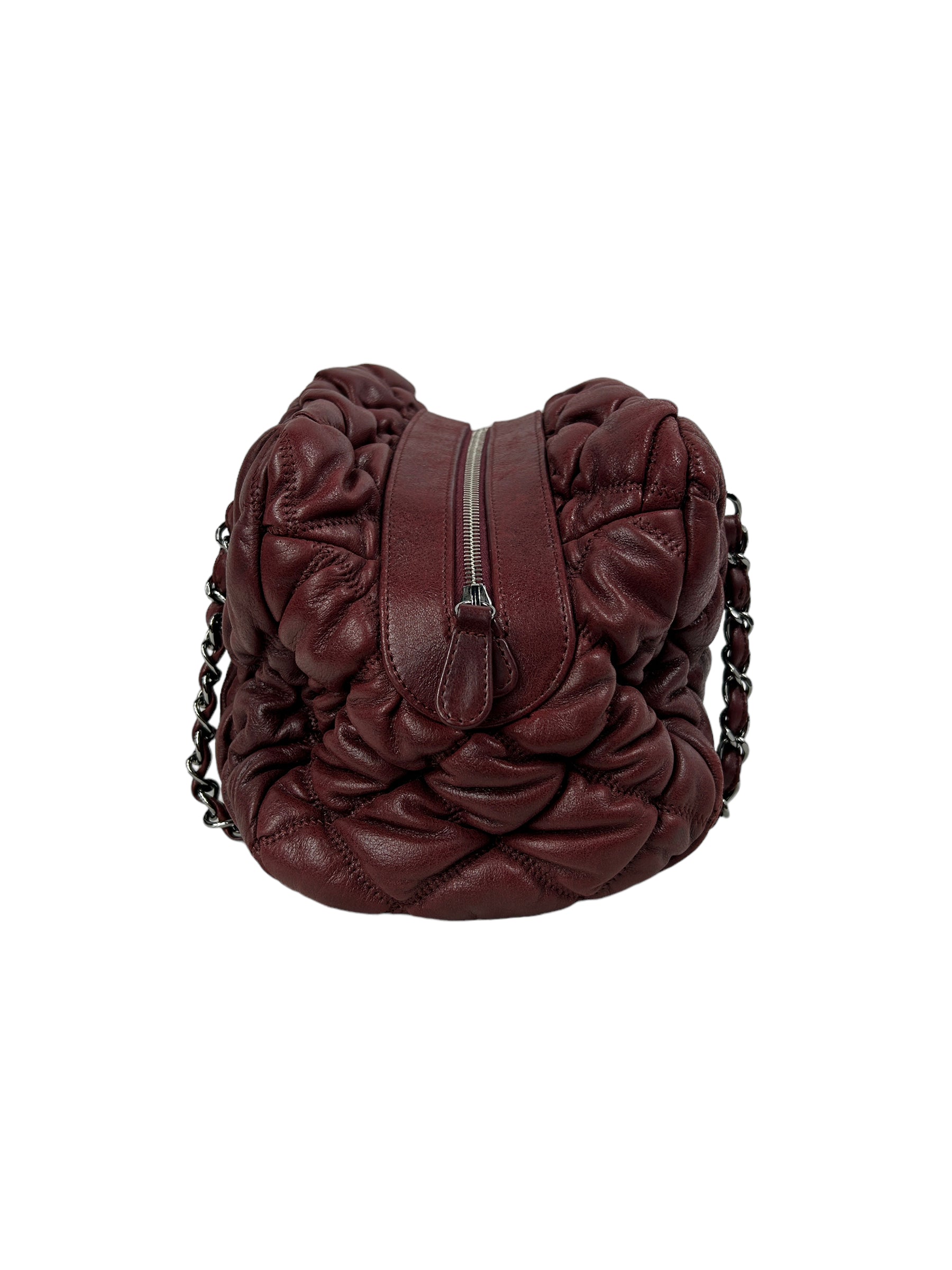 Burgundy Lambskin Leather Bubble Quilted Bowler Bag w/RHW