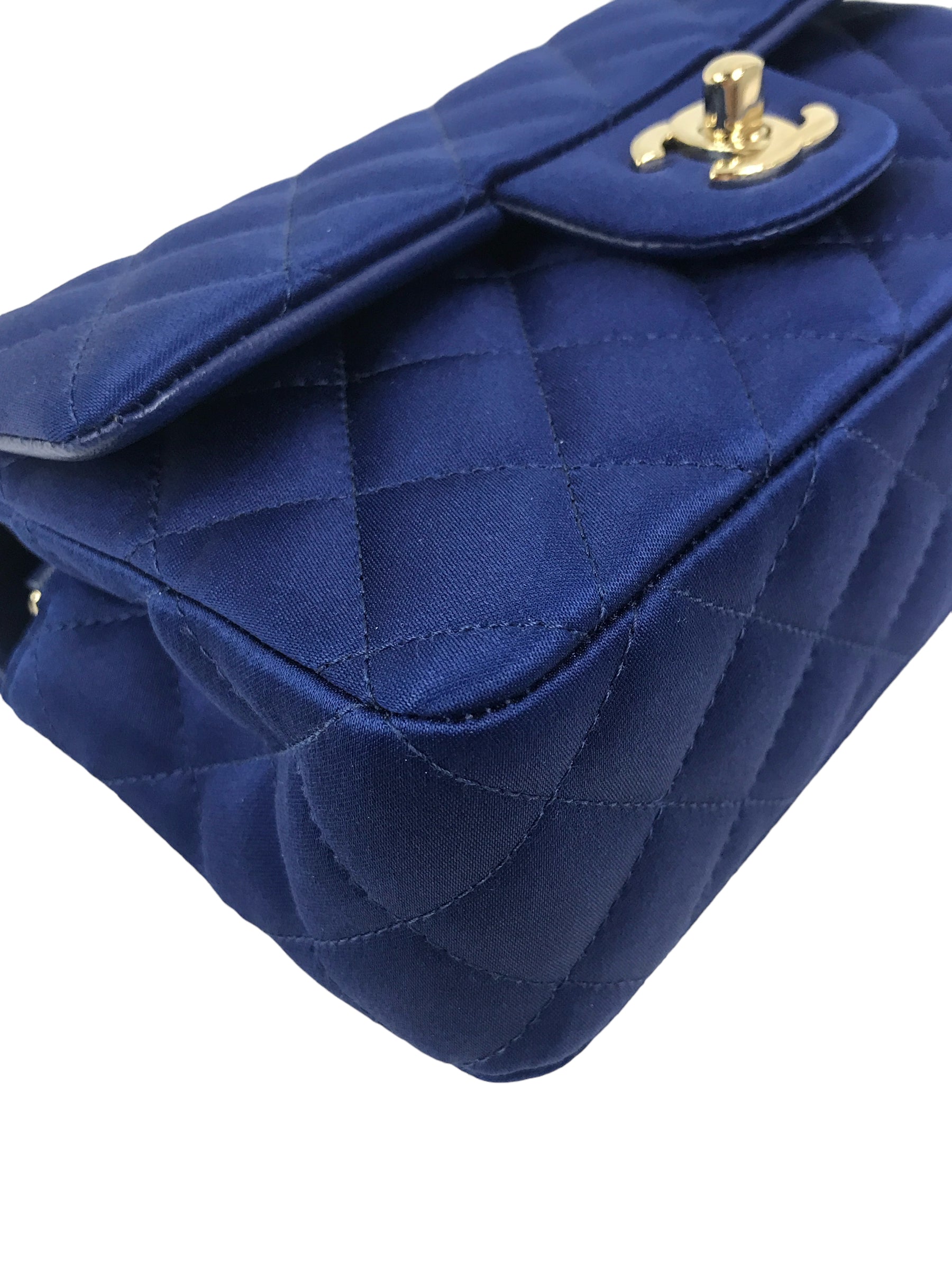 Blue Satin Silk Quilted Single Flap Mini Rectangle w/GHW