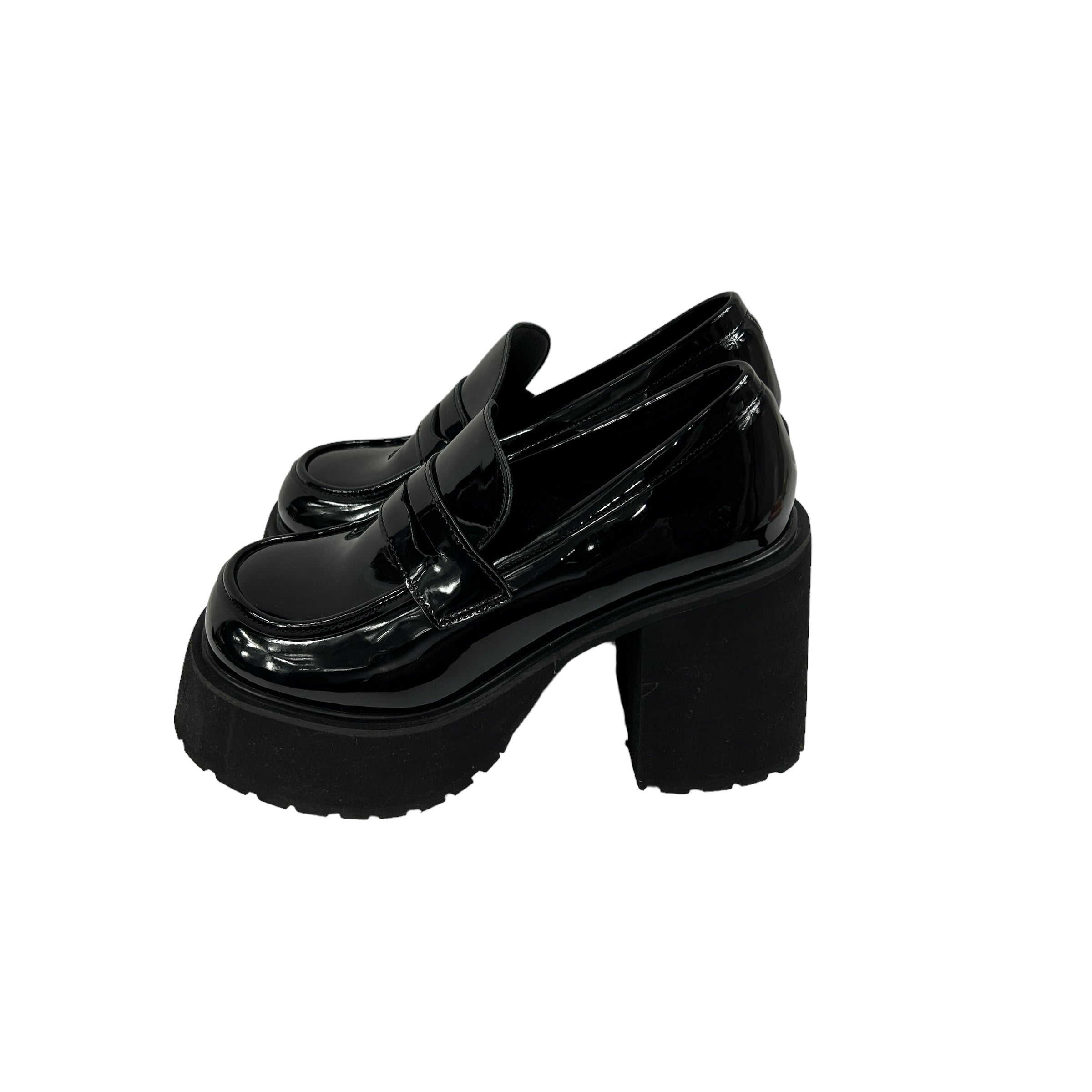 Black Faux Patent Platform Heeled Loafers