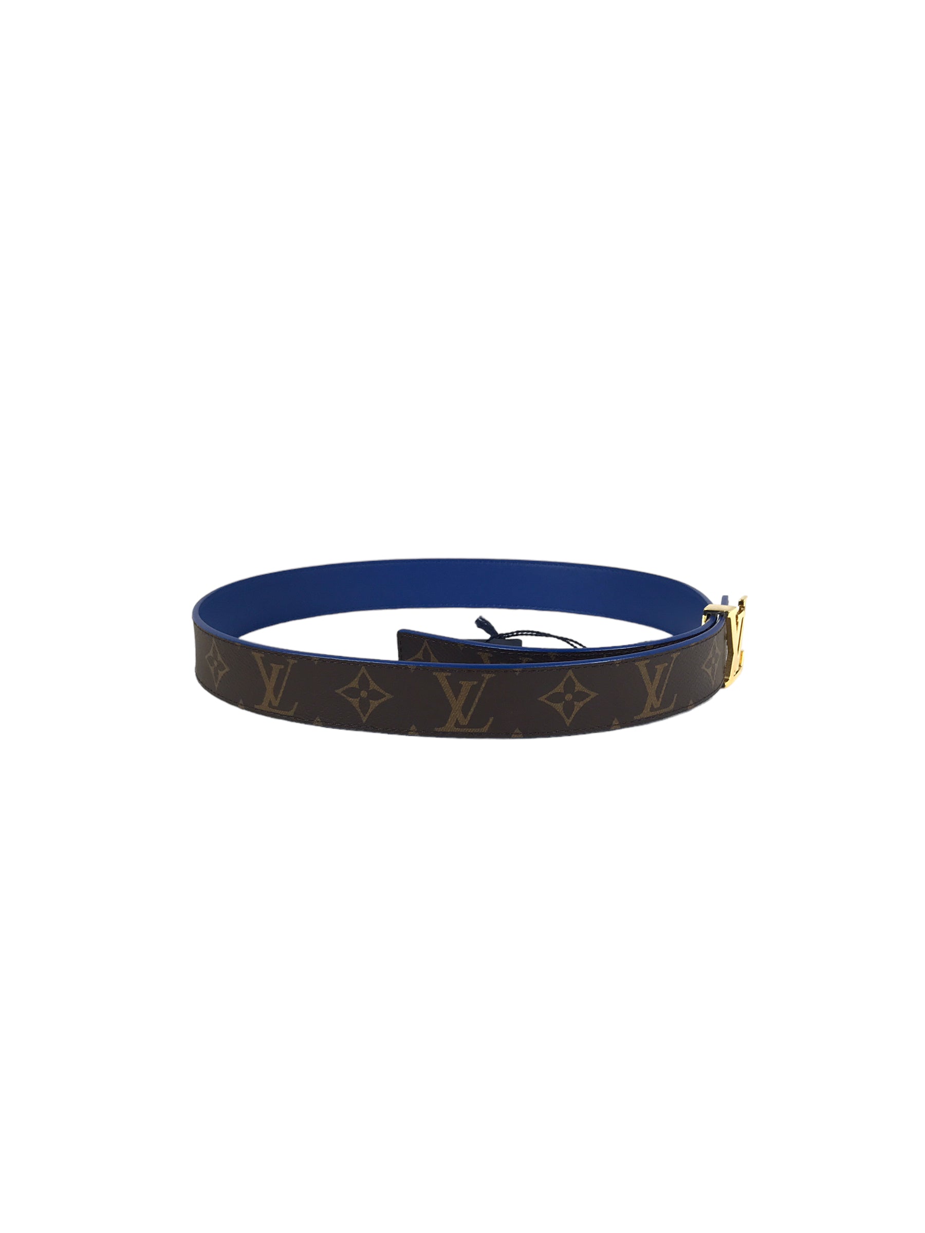 LV initials Monogram/ Blue Calfskin Leather Reversible Belt w/GHW