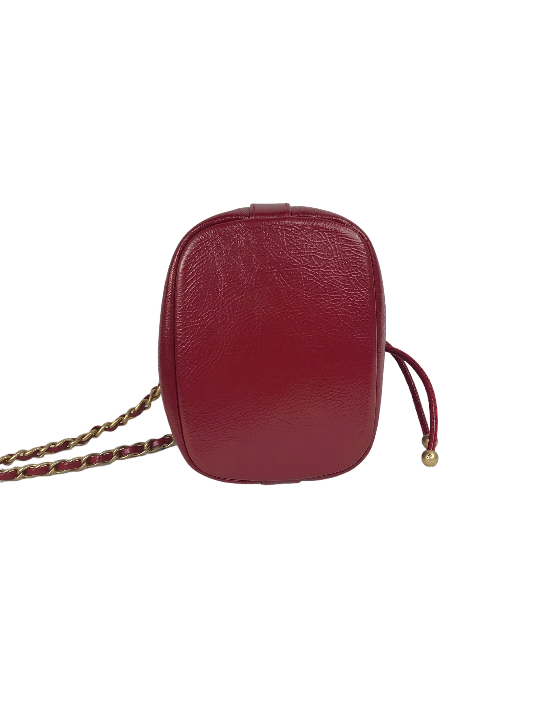 Red Shiny Aged Calfskin Leather Mini Bucket Bag w/AGHW Chain