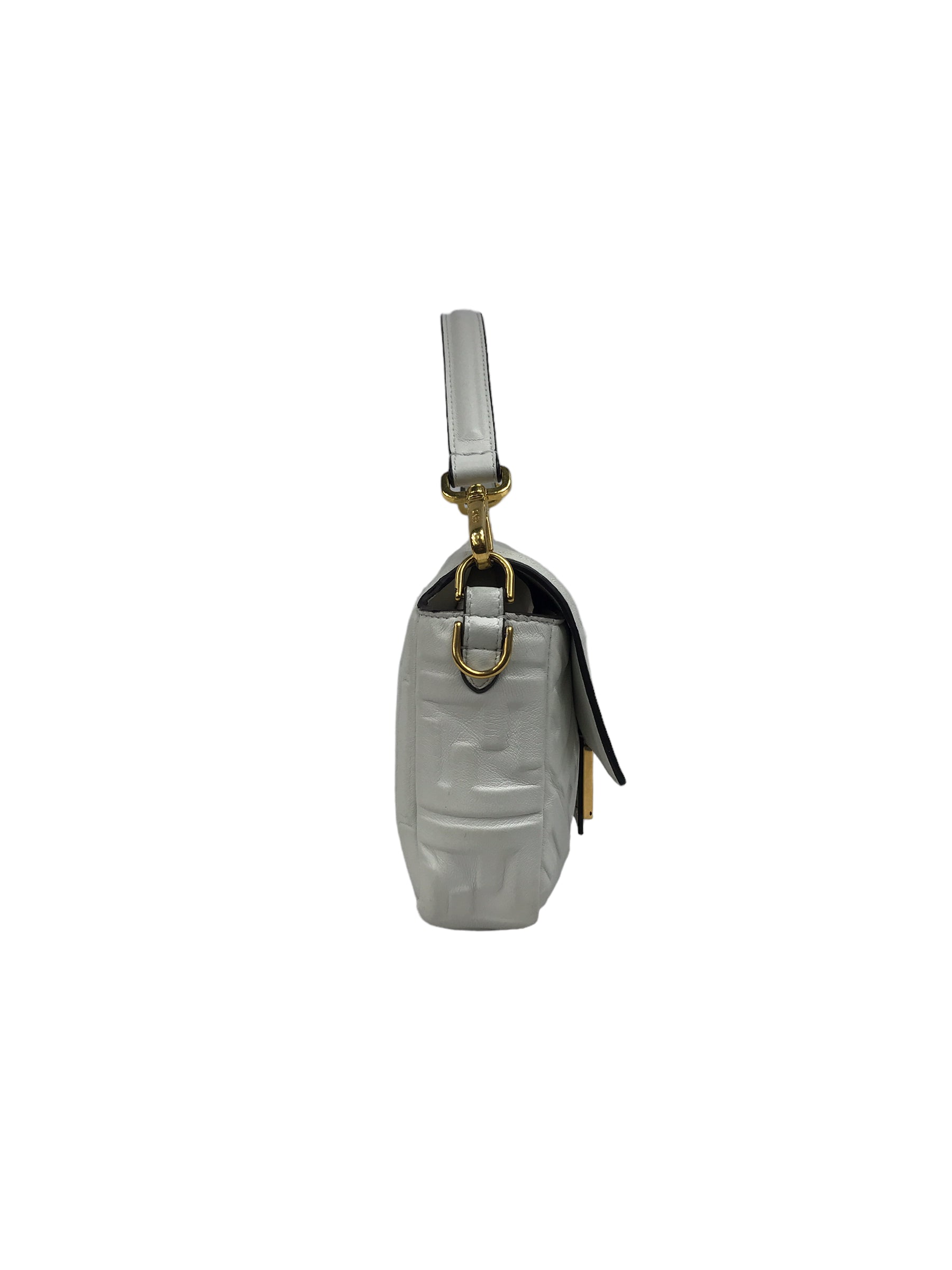 White Leather Medium Baguette Flap Bag W/GHW