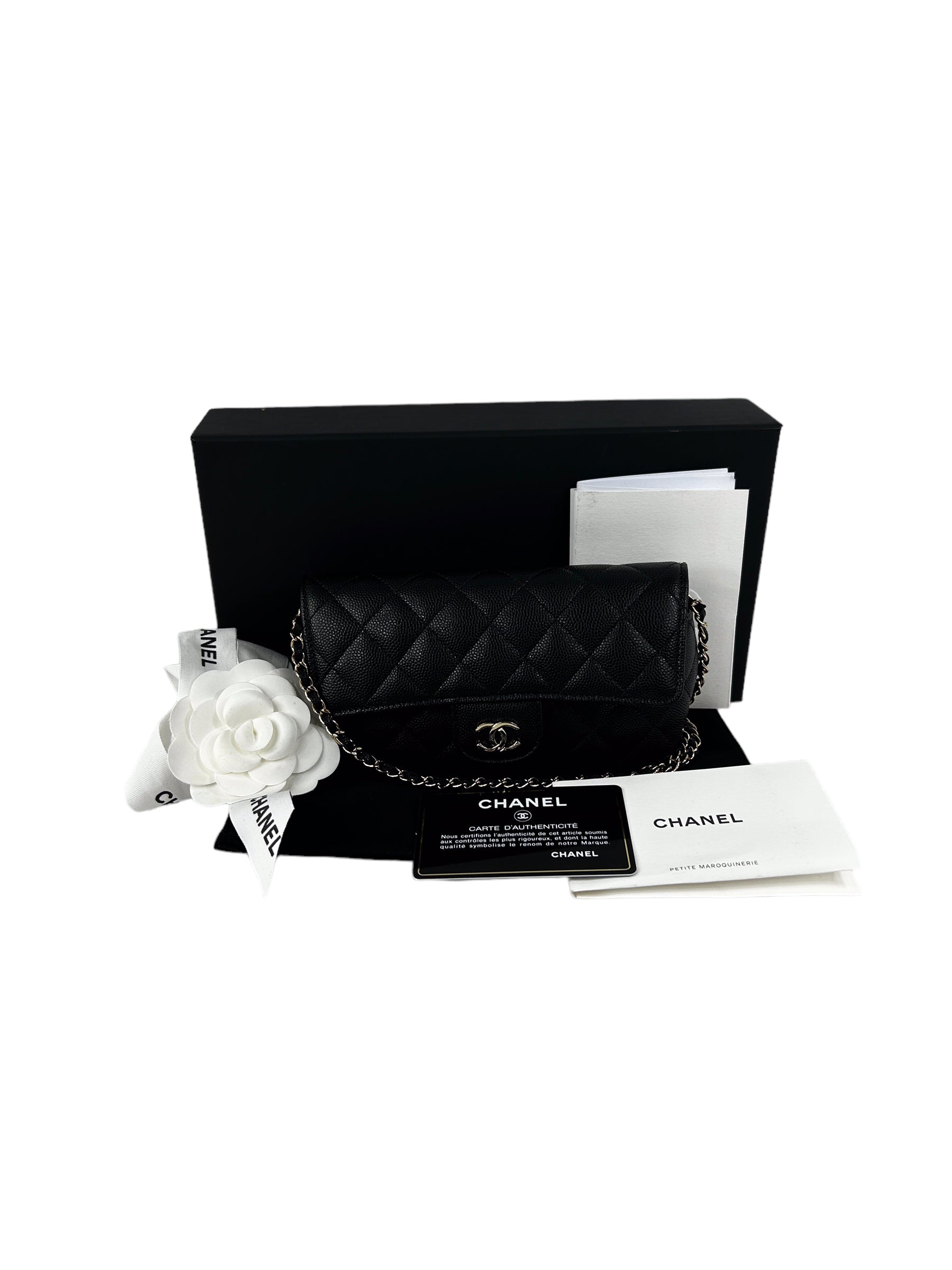 Black Caviar Quilted Sunglass Case Bag w/GHW Chain
