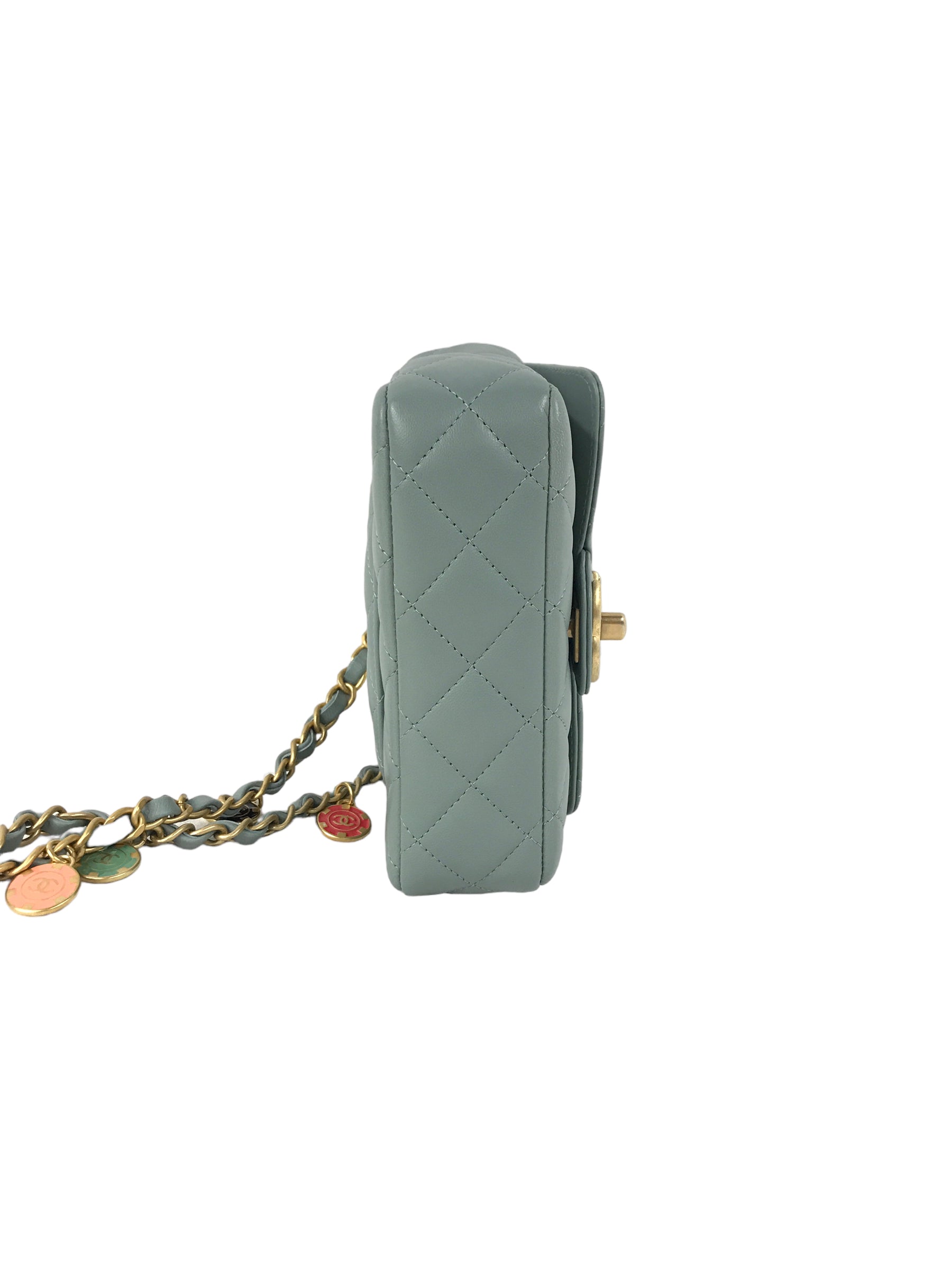 Chanel Light Grey/Blue Quilted Lambskin Mini Cruise Square Flap Bag w/ Enamel & GHW