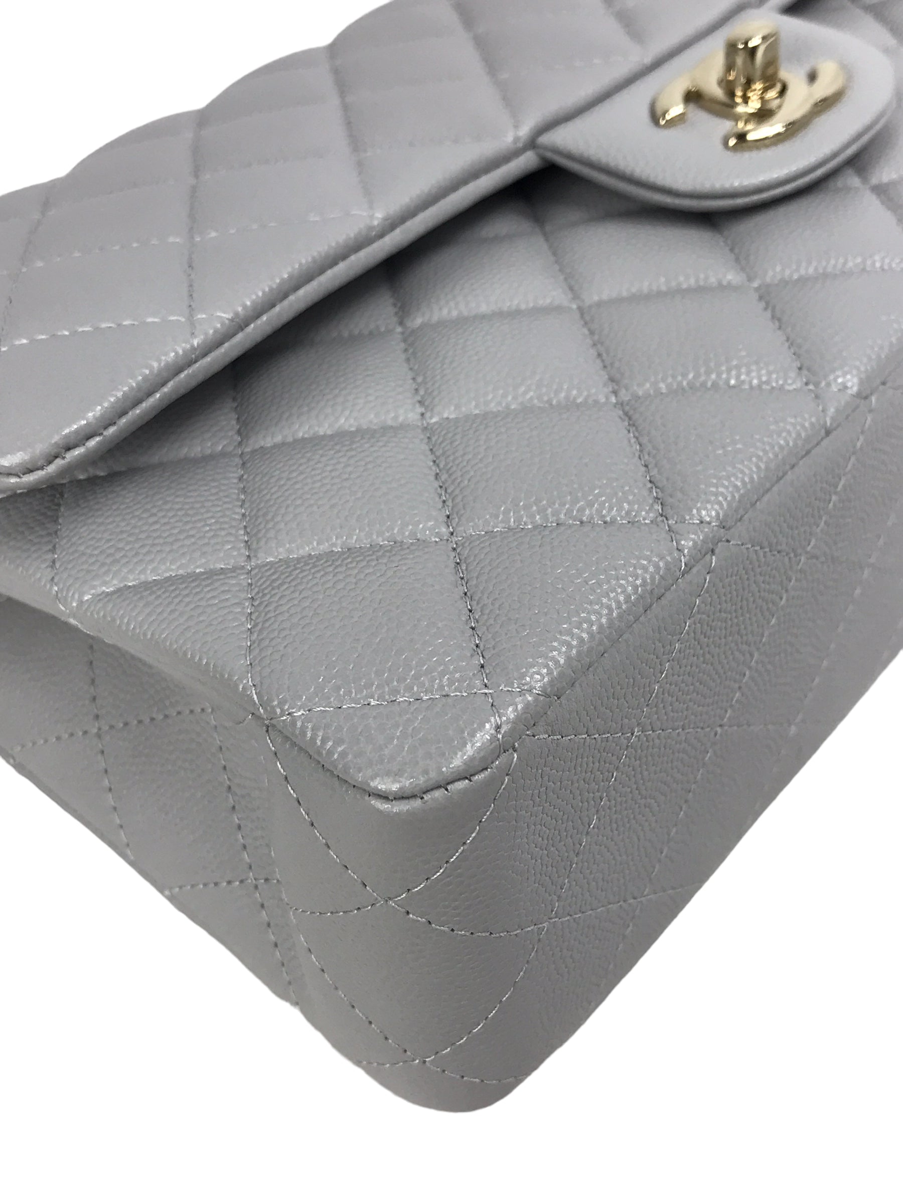 Dove Grey Quilted Caviar Leather Double Flap Medium w/GHW
