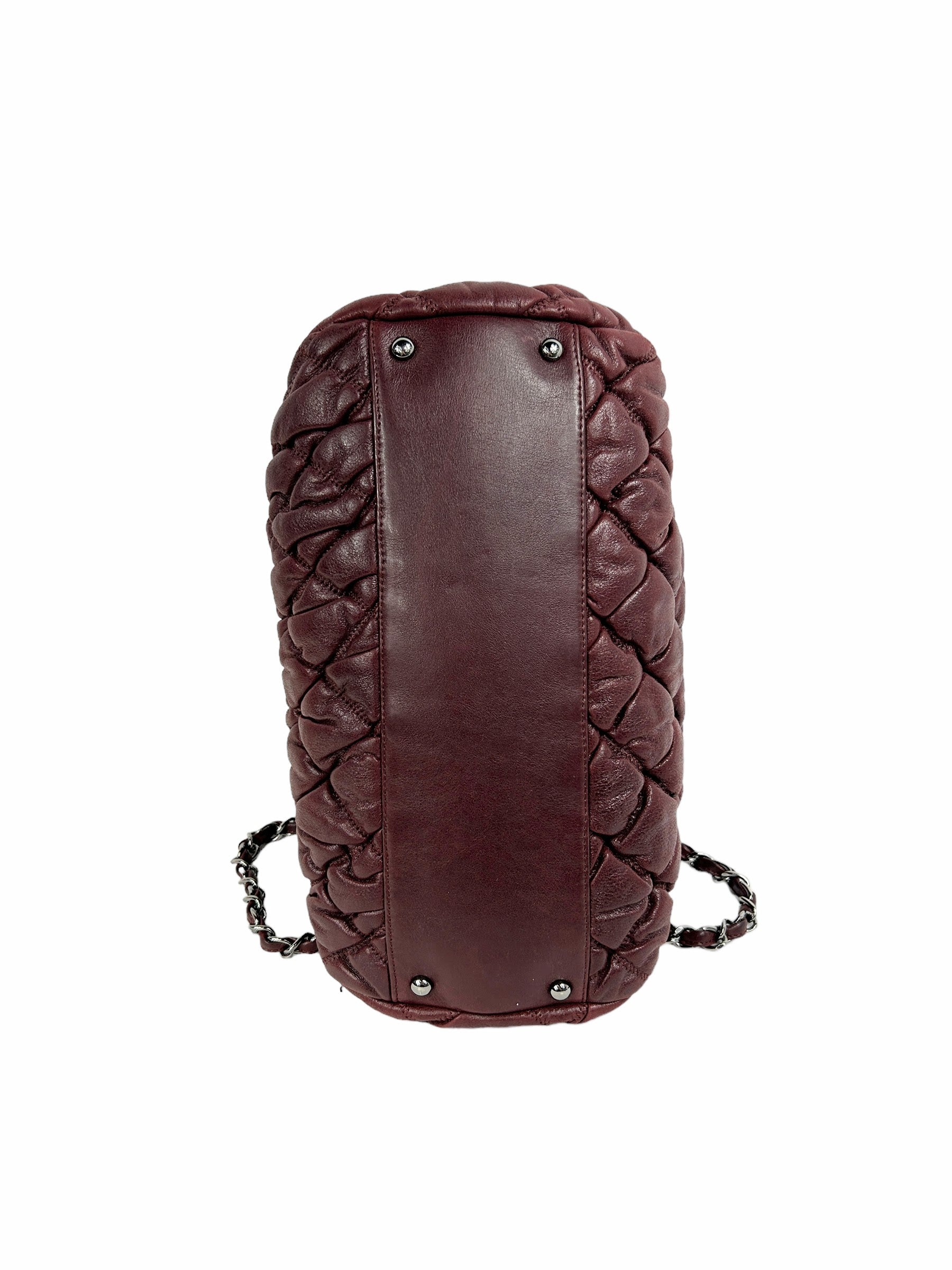 Burgundy Lambskin Leather Bubble Quilted Bowler Bag w/RHW