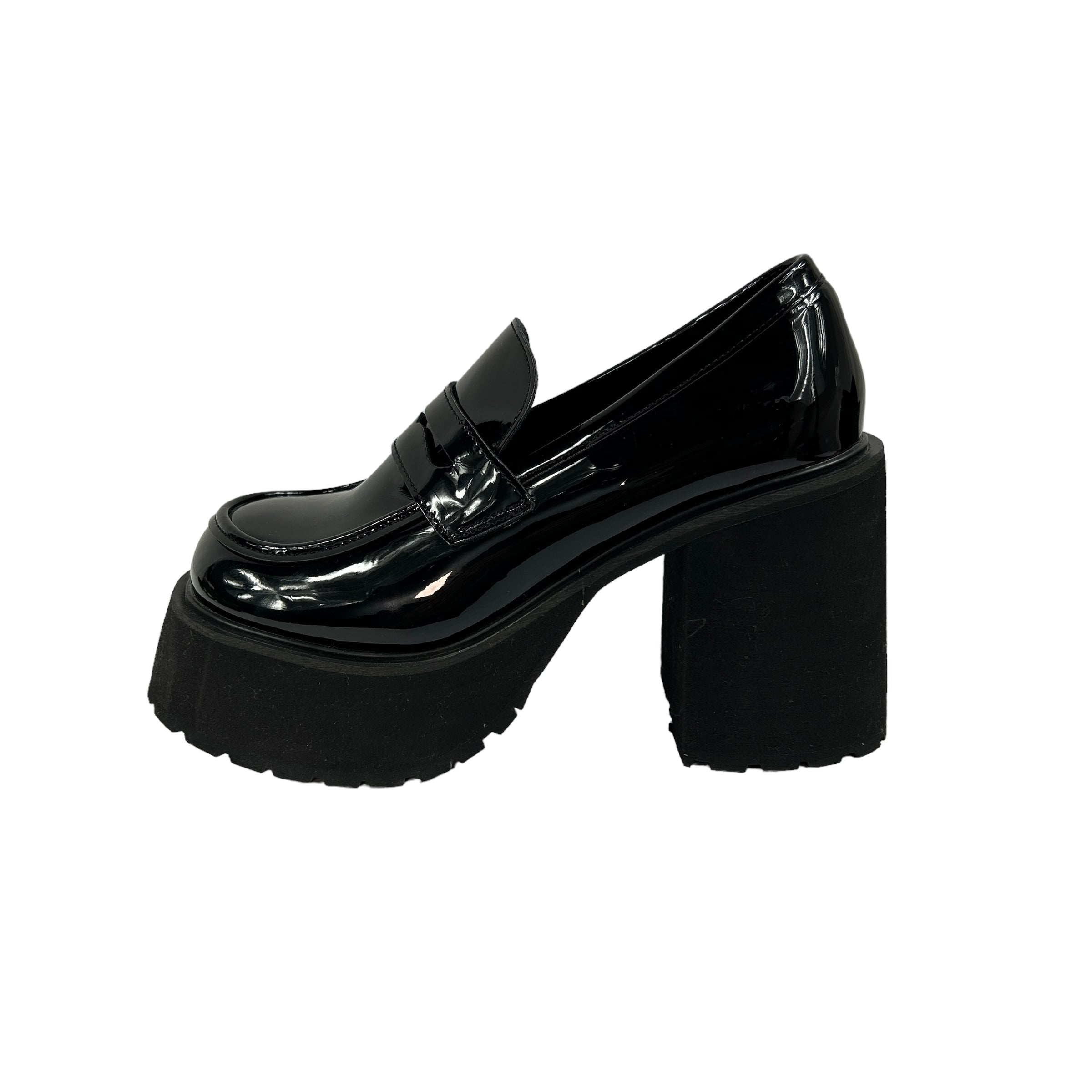Black Faux Patent Platform Heeled Loafers