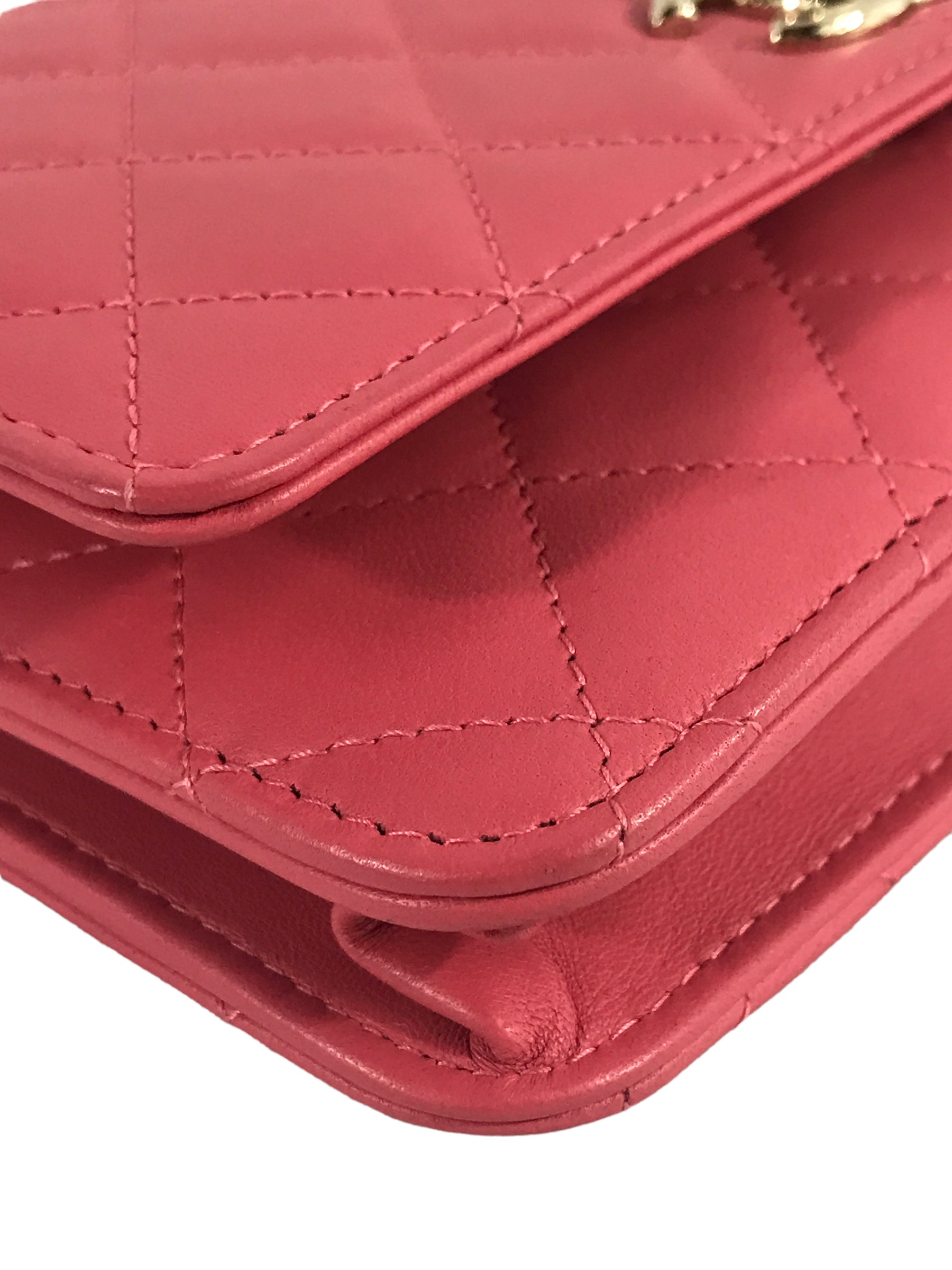 Bubblegum Pink Quilted Lambskin Leather Trendy Wallet On Chain W/GHW