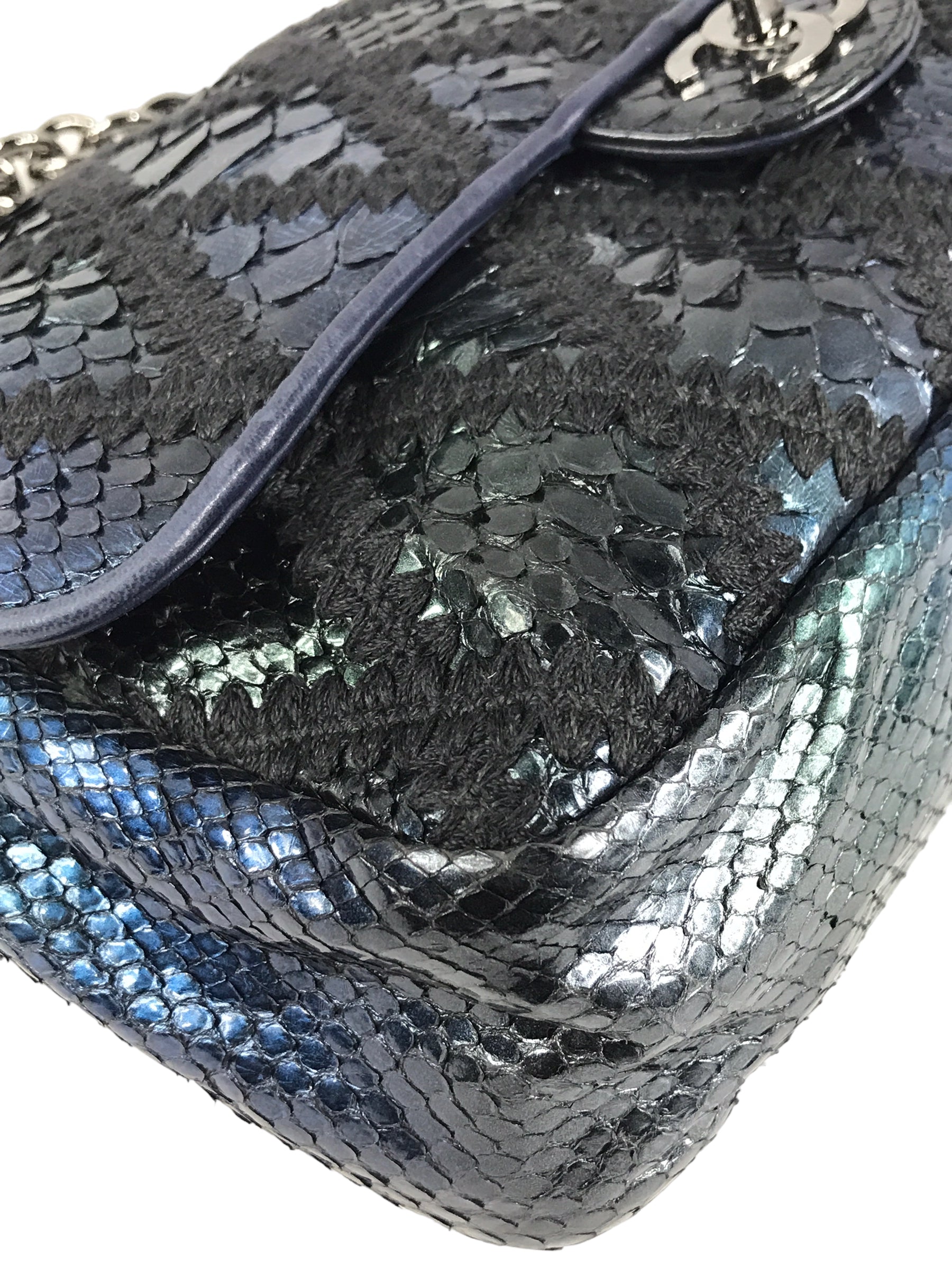 Blue Iridescent Python Quilted Maxi Flap Bag w/SHW Thick Chain Links