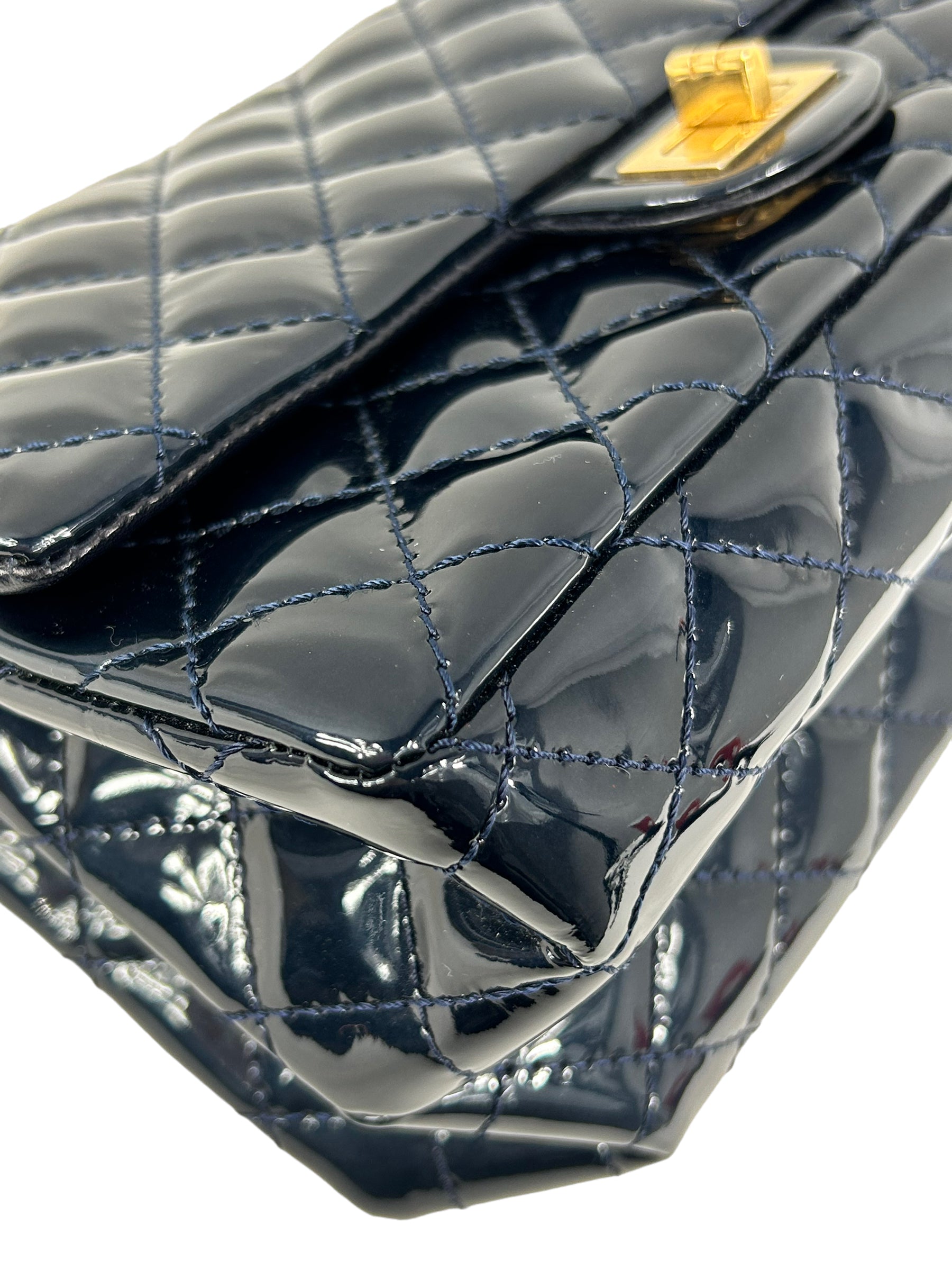 Chanel Dark Navy Blue Patent Quilted Reissue Flap W/AGHW