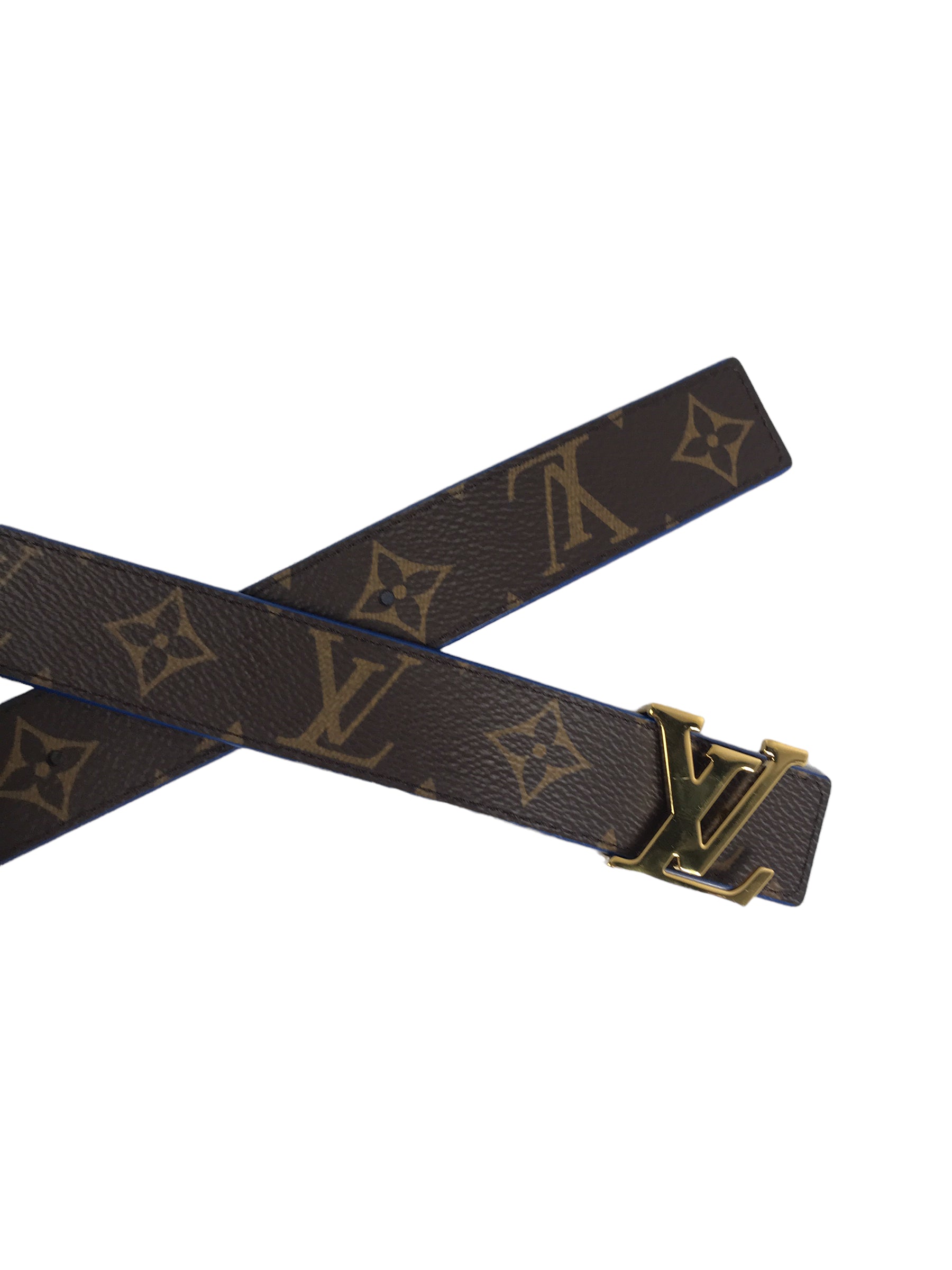 LV initials Monogram/ Blue Calfskin Leather Reversible Belt w/GHW