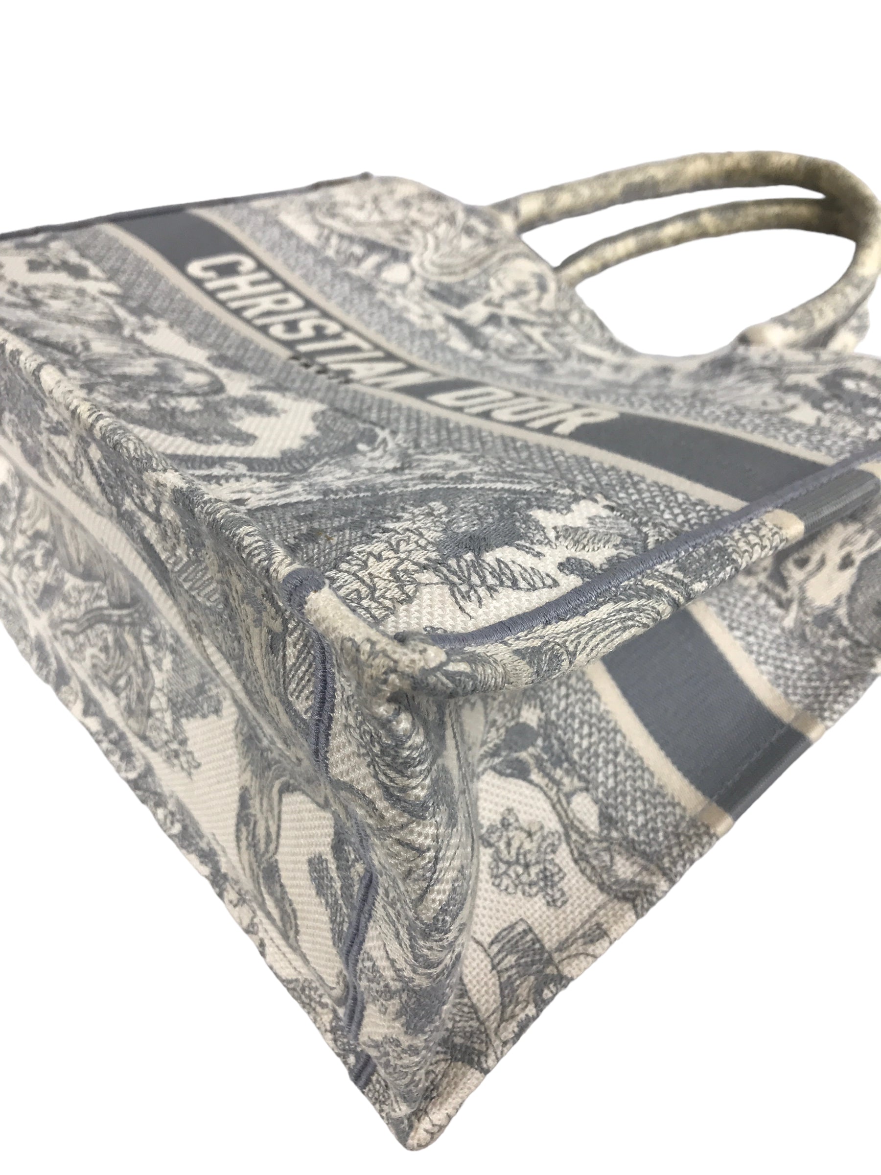 Ecru & Grey Toile De Jouy Embroidered Book Tote