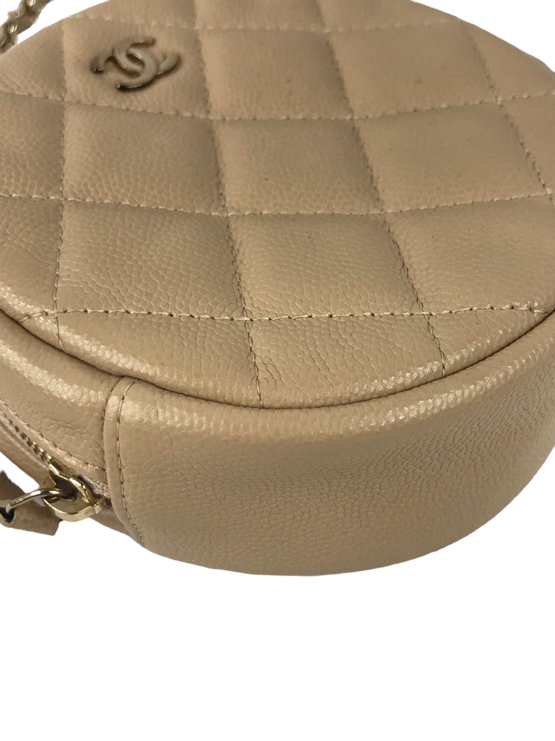 Beige Quilted Caviar Round Crossbody w/GHW