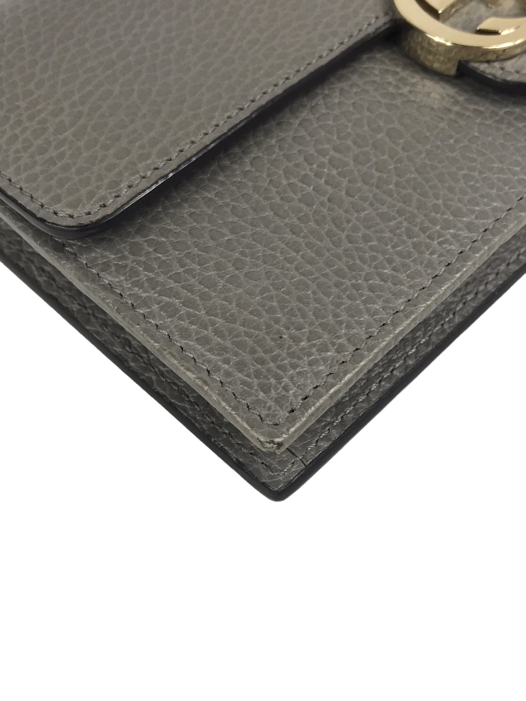 Dove Grey Grained Calfskin Leather Dollar Interlocking GG Wallet On Chain w/GHW