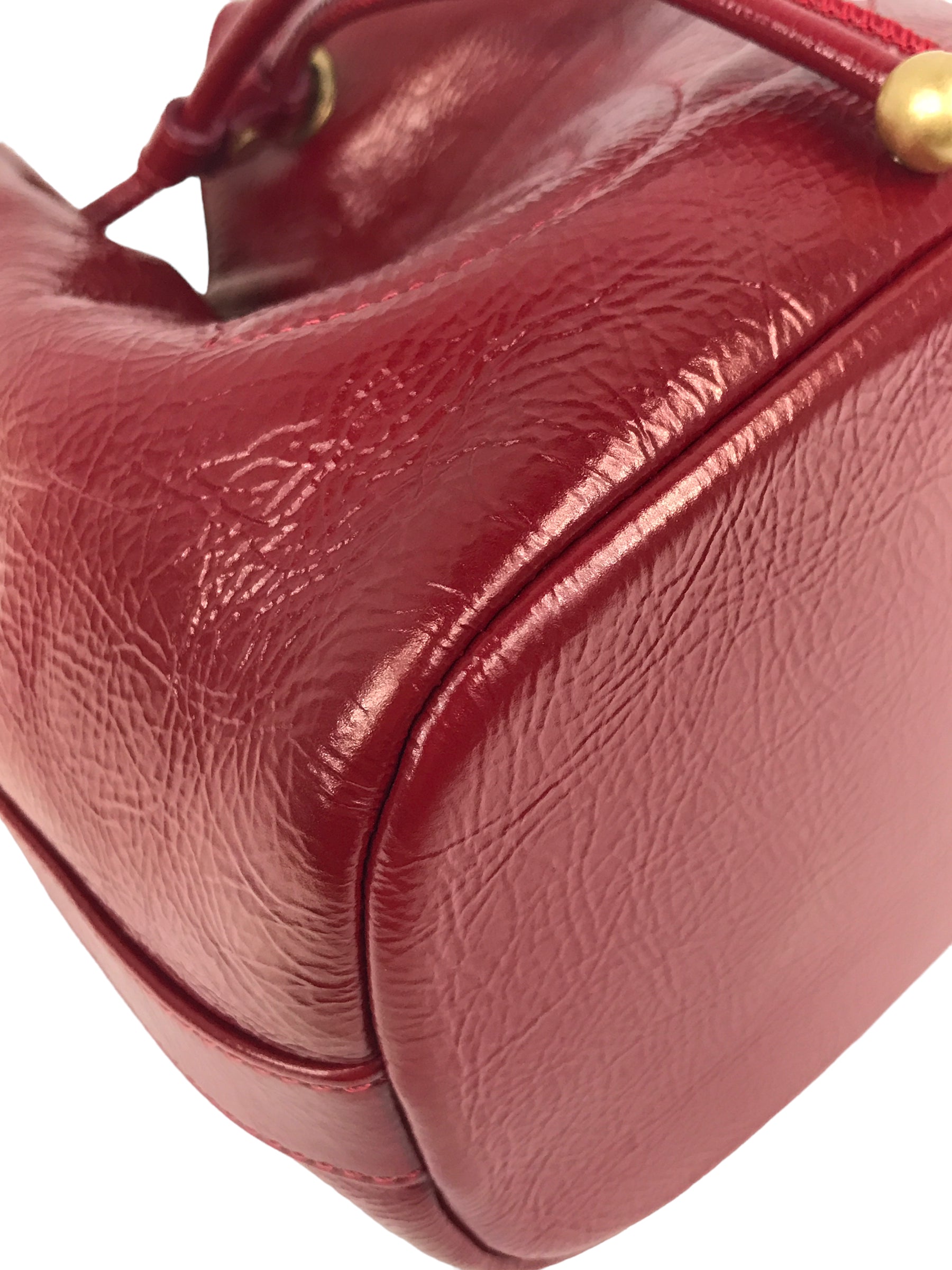 Red Shiny Aged Calfskin Leather Mini Bucket Bag w/AGHW Chain