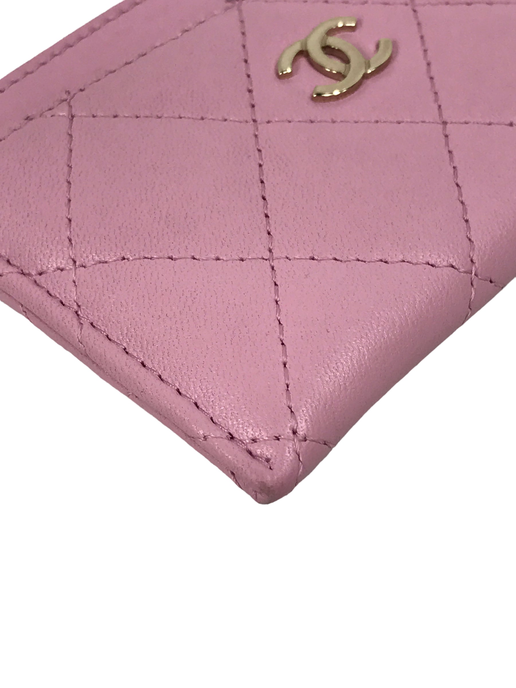 Light Pink Quilted Lambskin Card Case w/LGHW