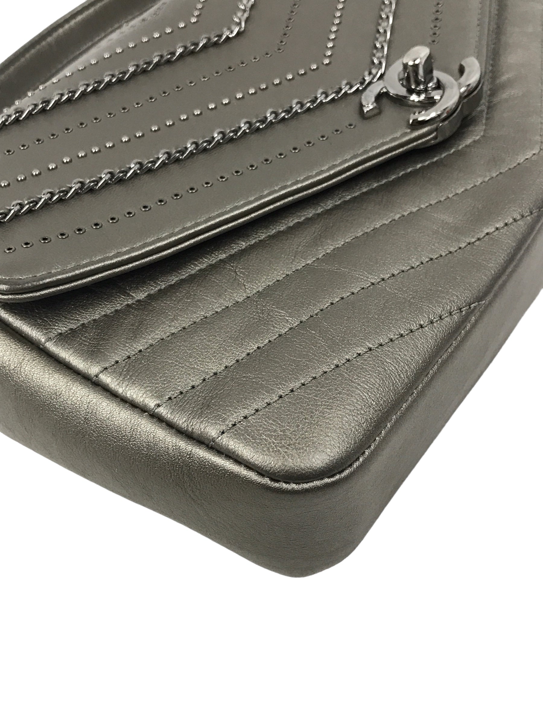 Metallic Grey Calfskin Leather Embellished Chain/Studded Chevron Flap Bag w/SHW