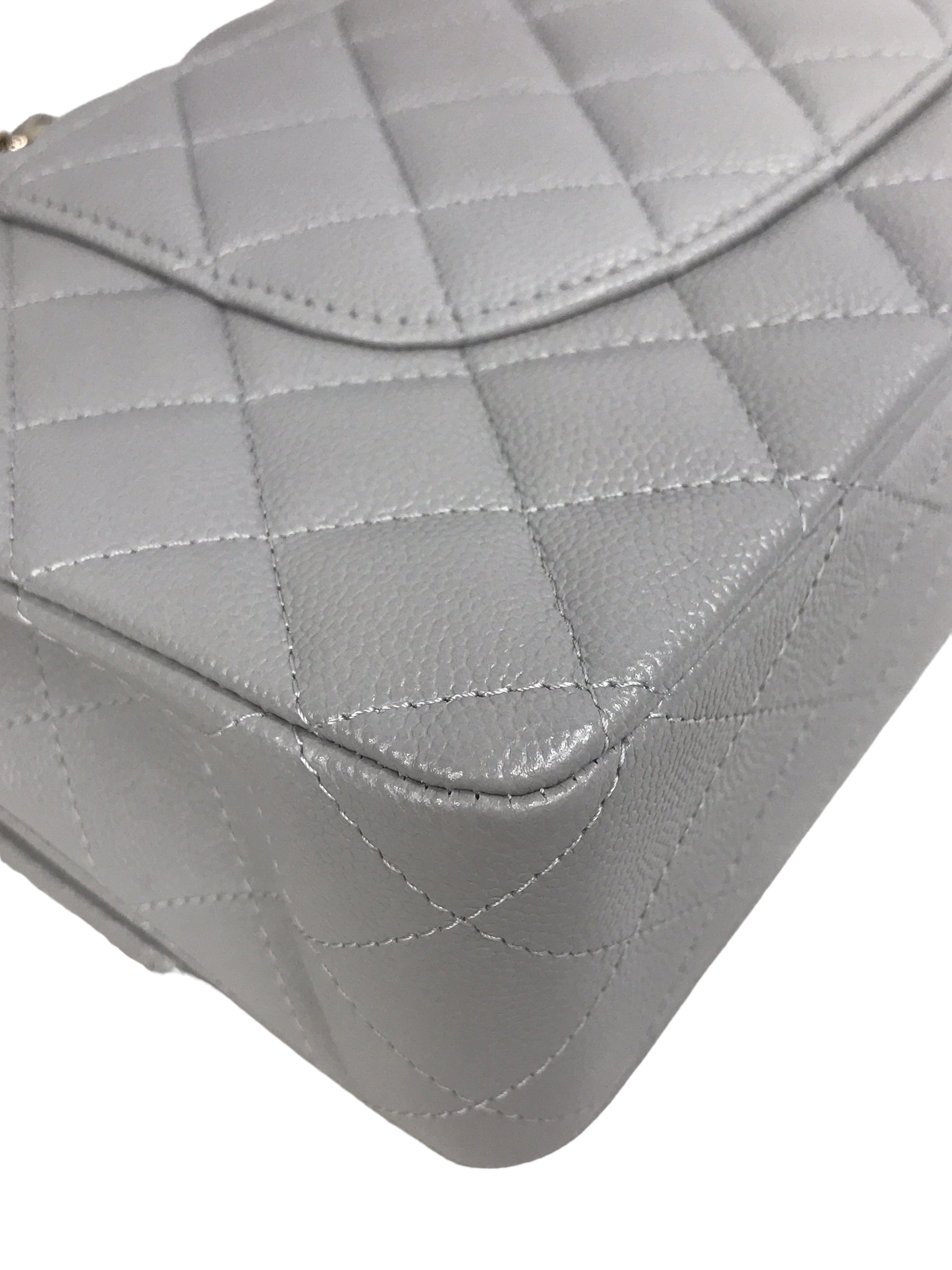 Dove Grey Quilted Caviar Leather Double Flap Medium w/GHW