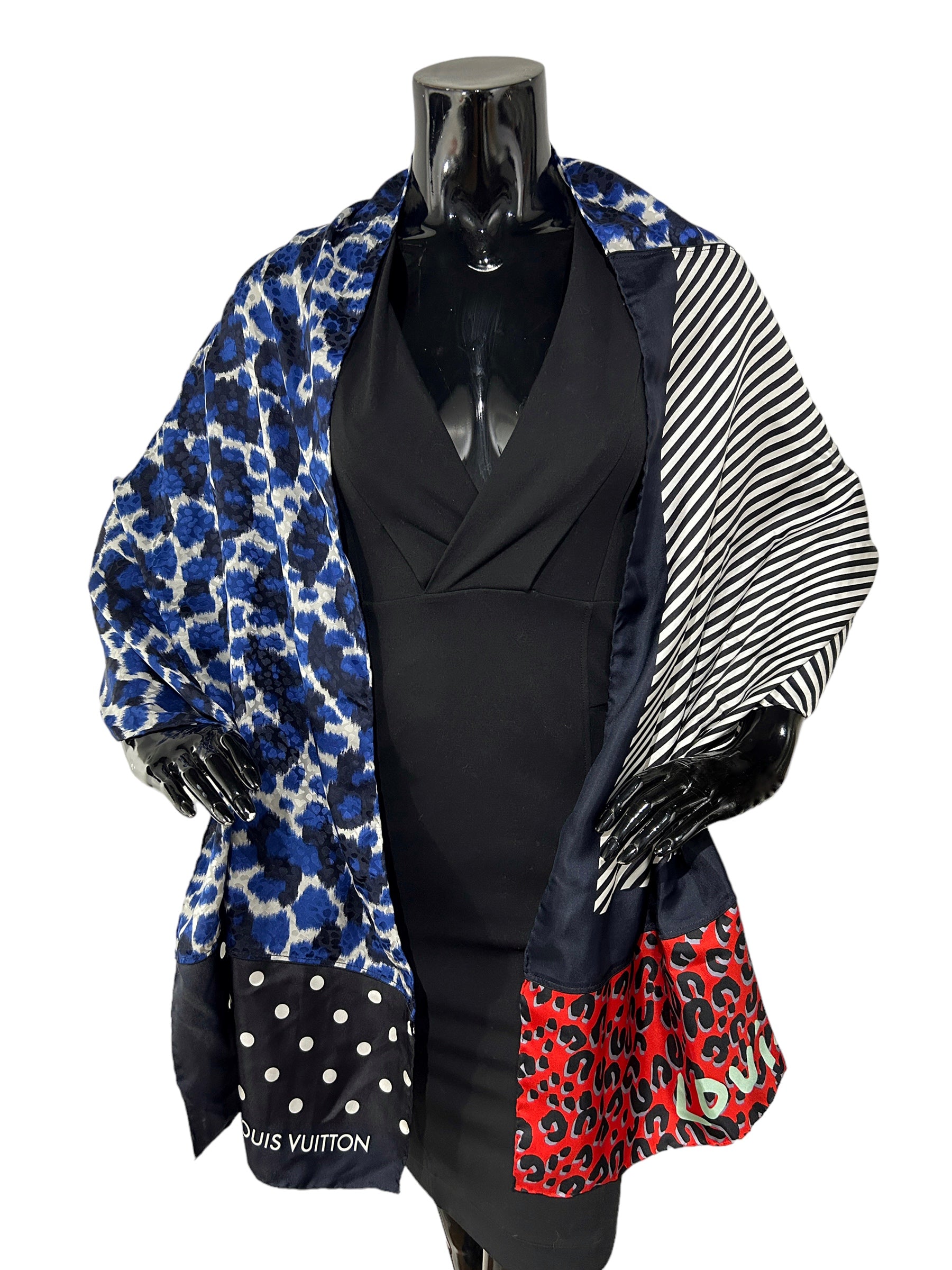 Stephen Sprouse Silk Red/Blue/White/Black/Teal Leopard Print Shawl