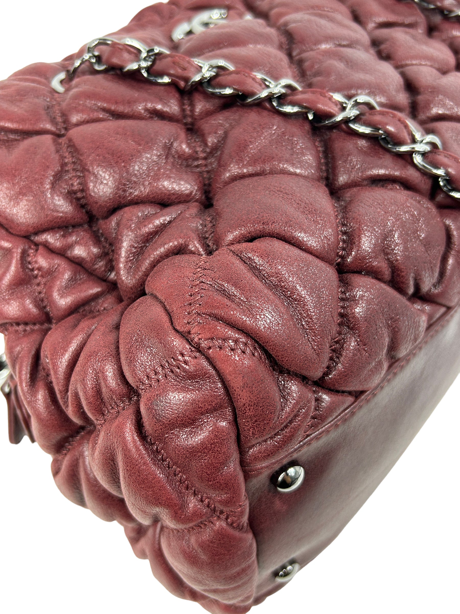 Burgundy Lambskin Leather Bubble Quilted Bowler Bag w/RHW