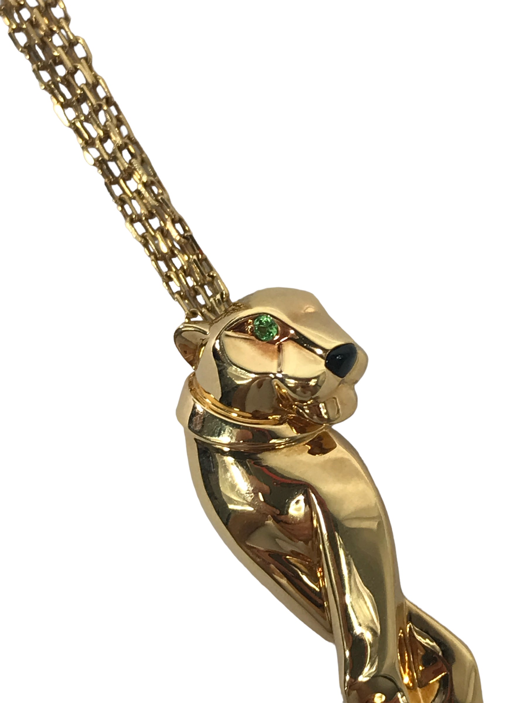 18K Yellow Gold Panther de Cartier Pedant w/ tsavorite garnets and nose made from onyx