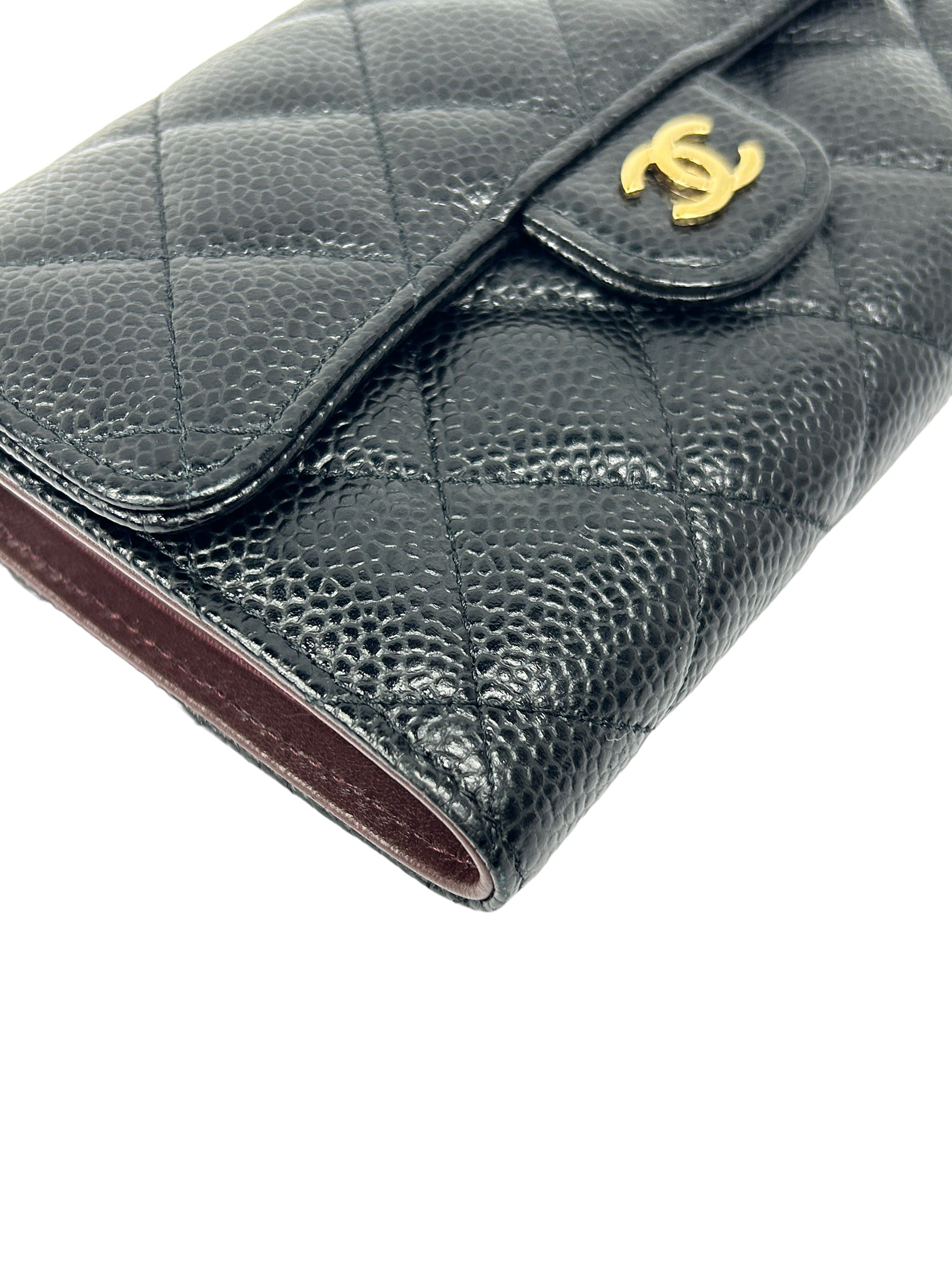 Black Caviar Quilted Leather Medium Flap Wallet w/GHW