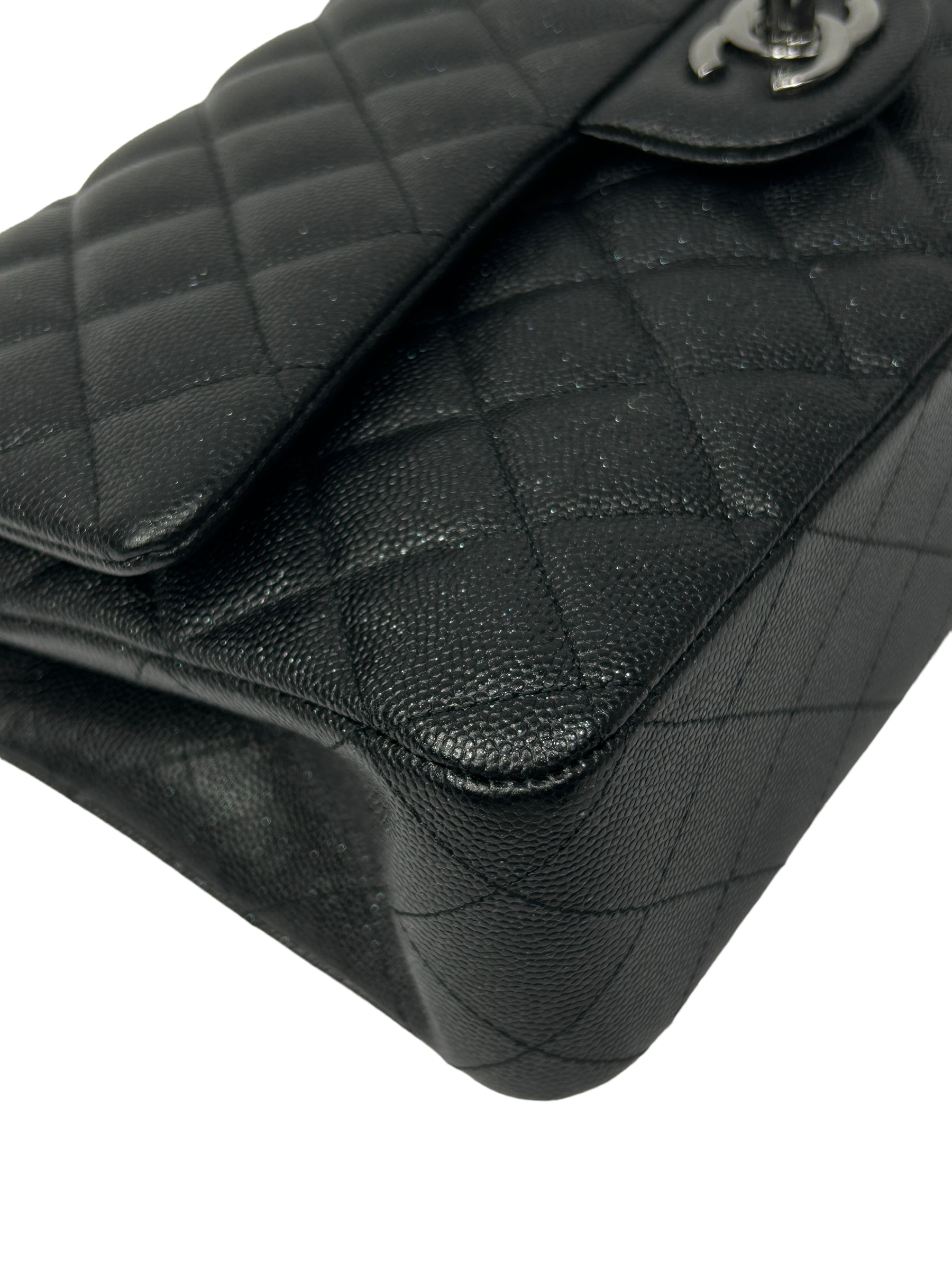 Black Caviar Glitter Quilted Leather Double Classic Flap w/RHW