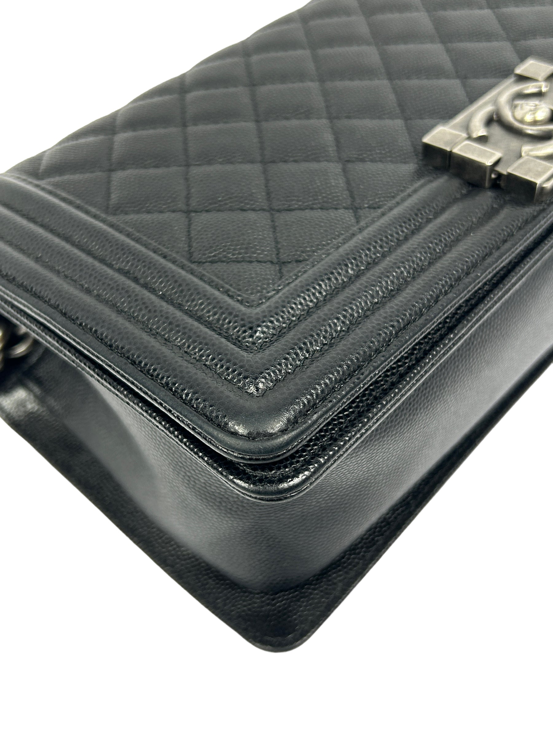 Black Caviar Leather Quilted Old Medium Boy Bag w/RHW