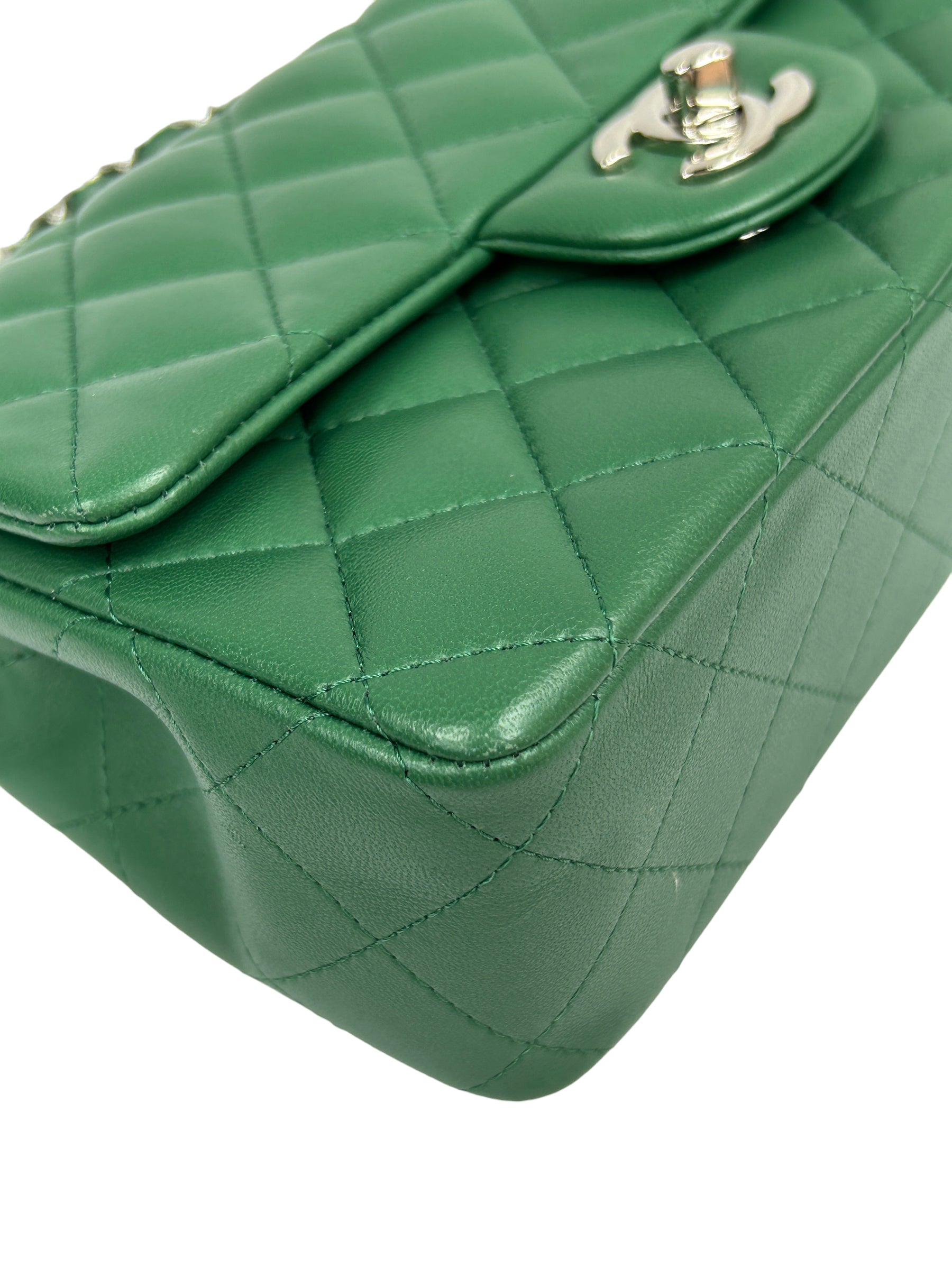 Green Quilted Lambskin Mini Rectangle Classic Flap w/SHW