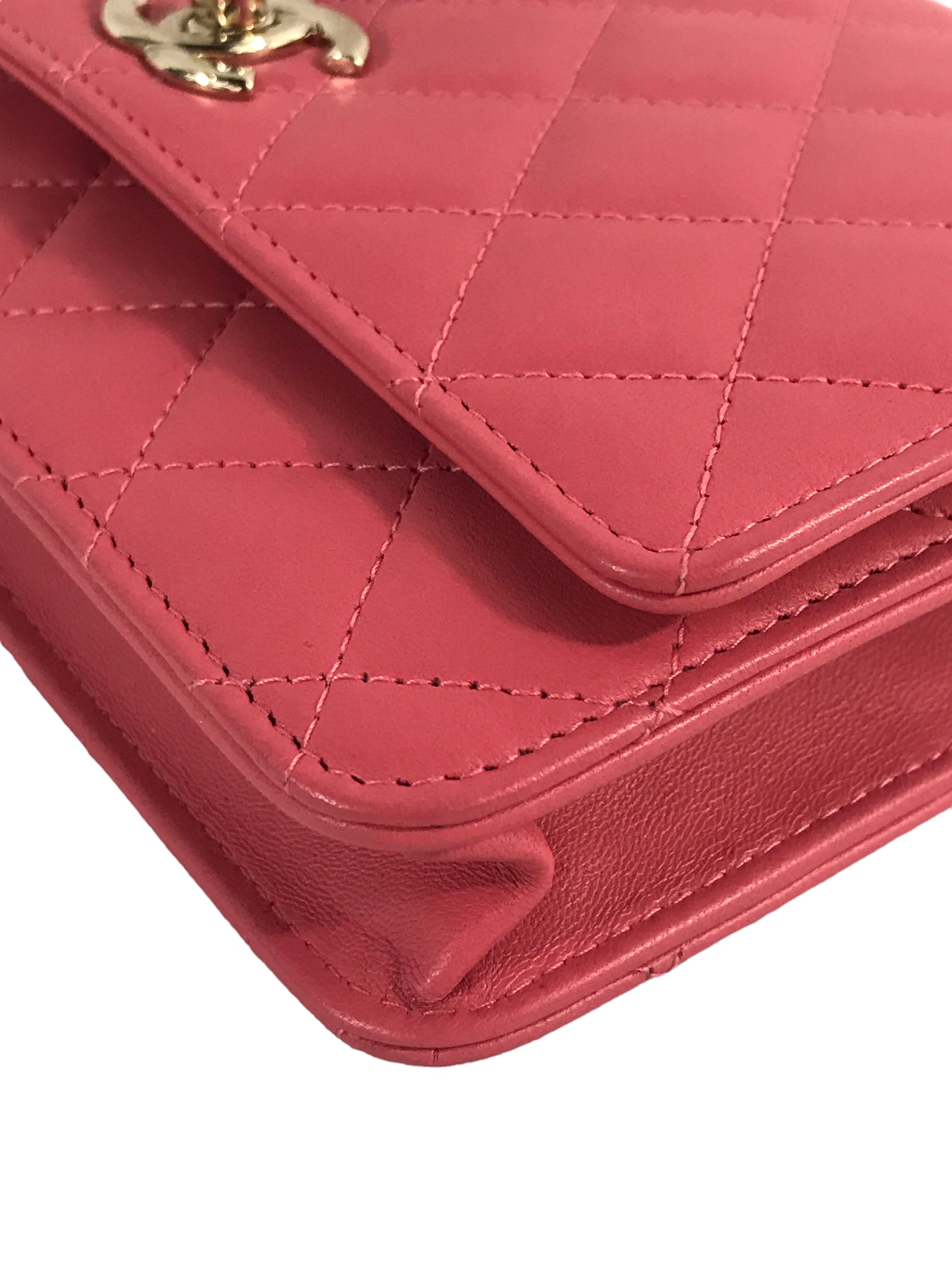 Bubblegum Pink Quilted Lambskin Leather Trendy Wallet On Chain W/GHW