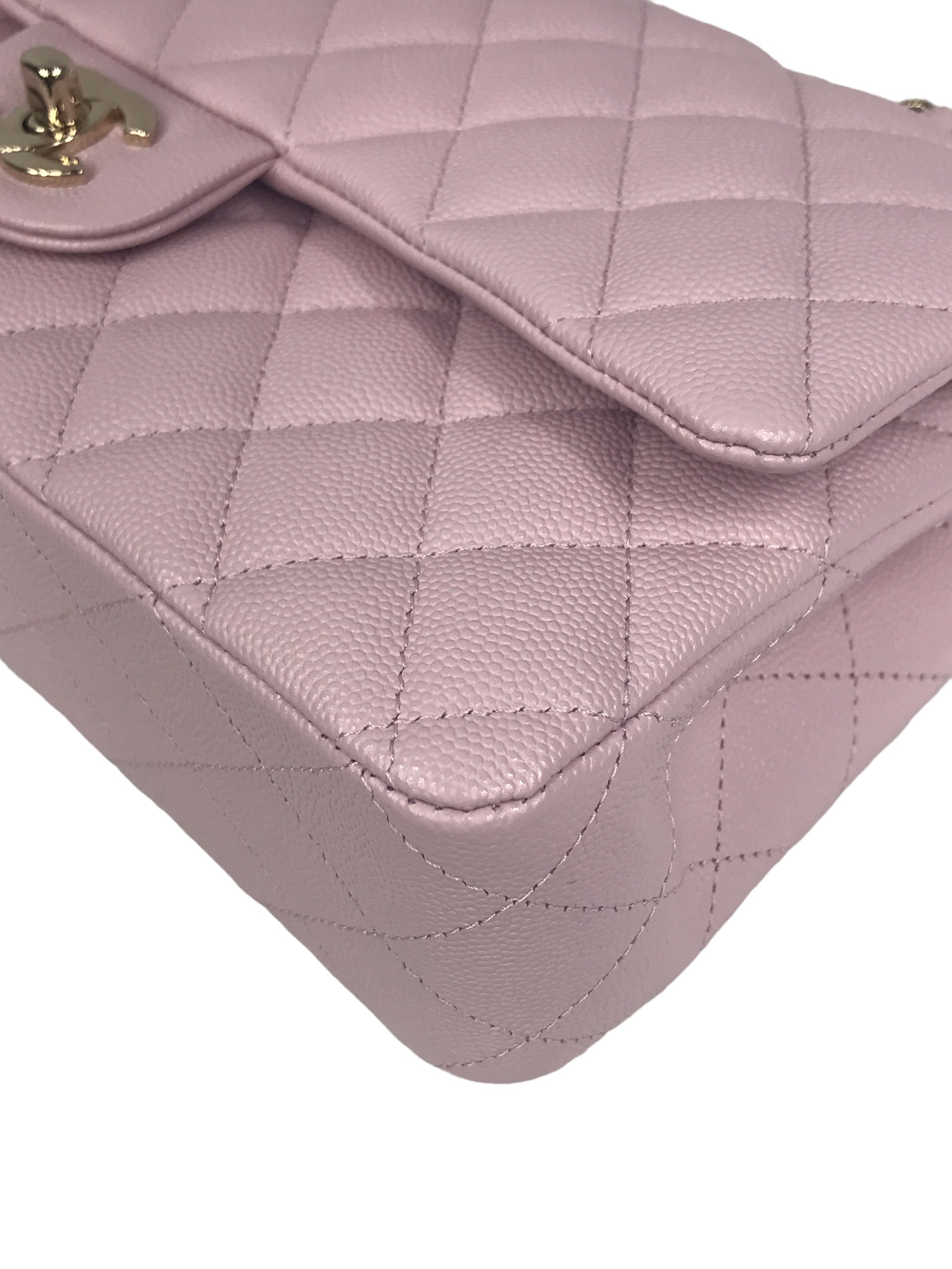 21S Rose Clair Lilac Pink Caviar Quilted Medium Double Flap w/GHW