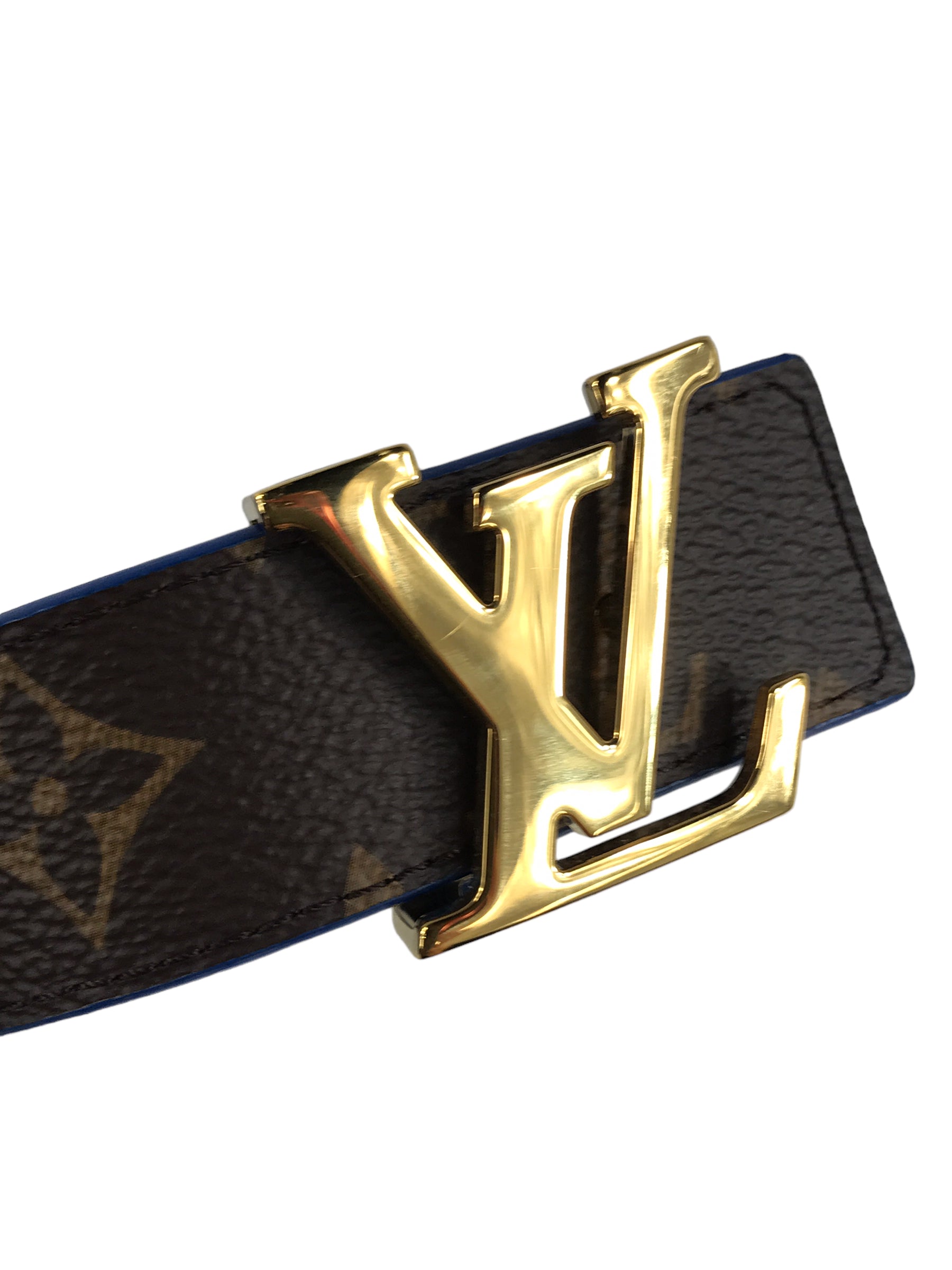 LV initials Monogram/ Blue Calfskin Leather Reversible Belt w/GHW