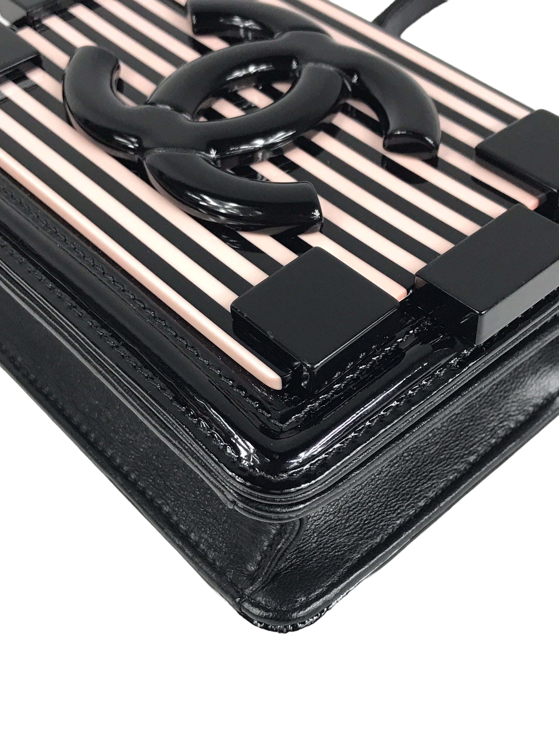 Nude/Black Striped Plexiglass and Black Patent Leather Boy Brick Flap Bag w/SHW