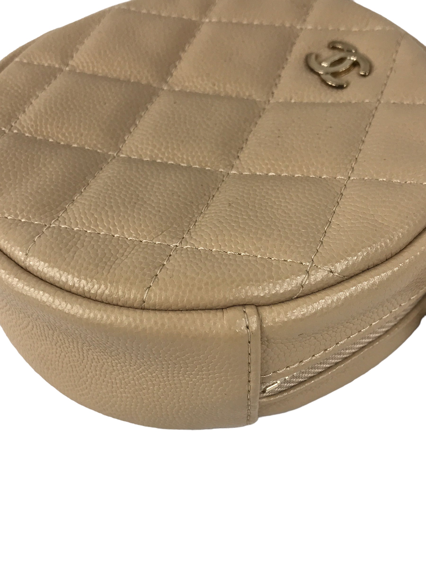 Beige Quilted Caviar Round Crossbody w/GHW