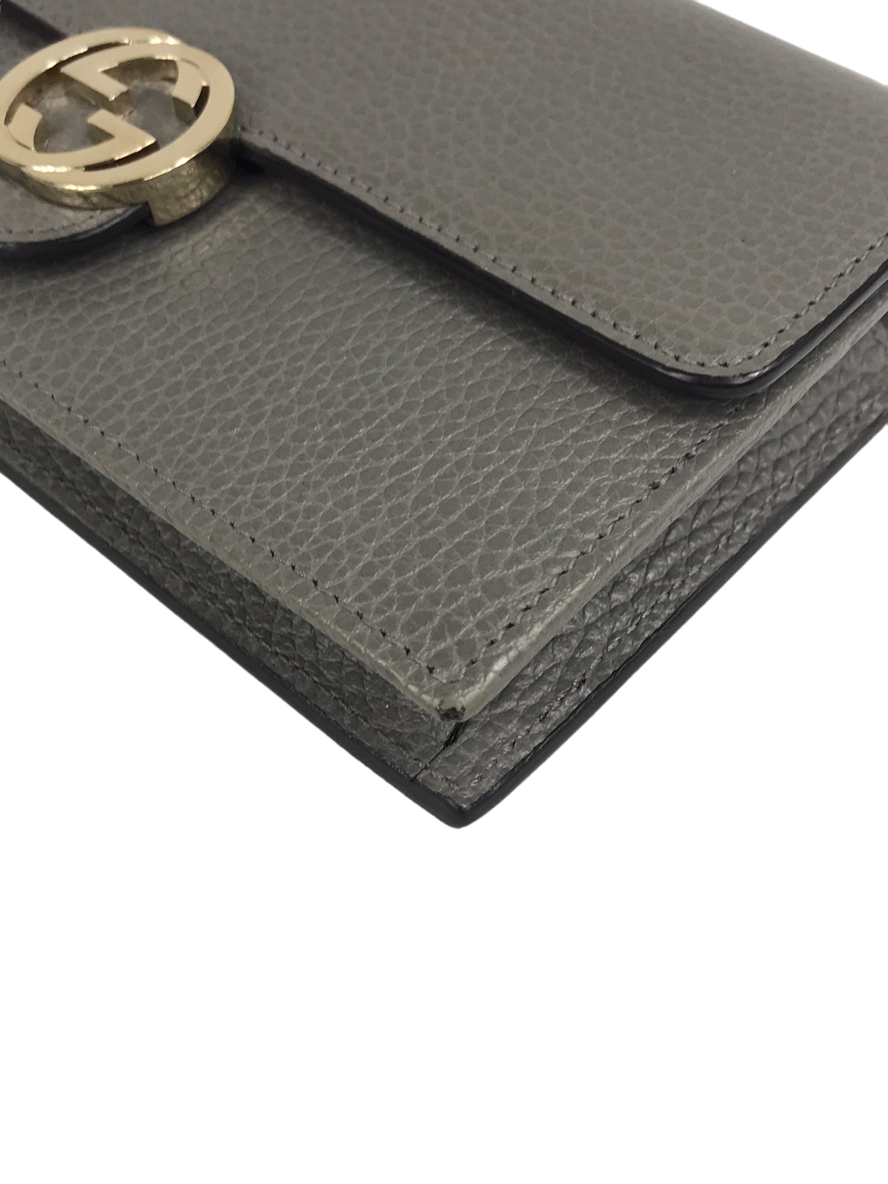 Dove Grey Grained Calfskin Leather Dollar Interlocking GG Wallet On Chain w/GHW