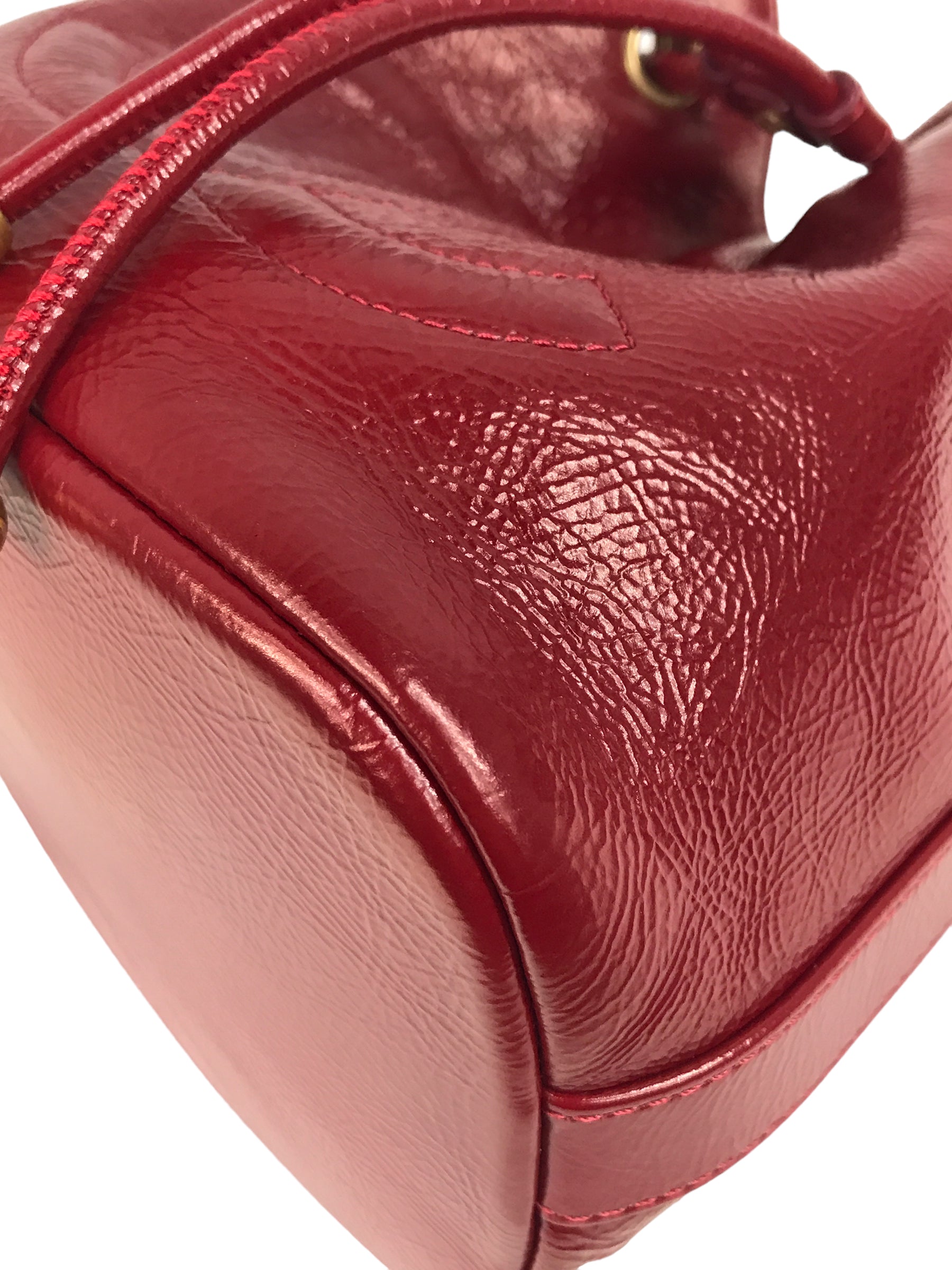 Red Shiny Aged Calfskin Leather Mini Bucket Bag w/AGHW Chain