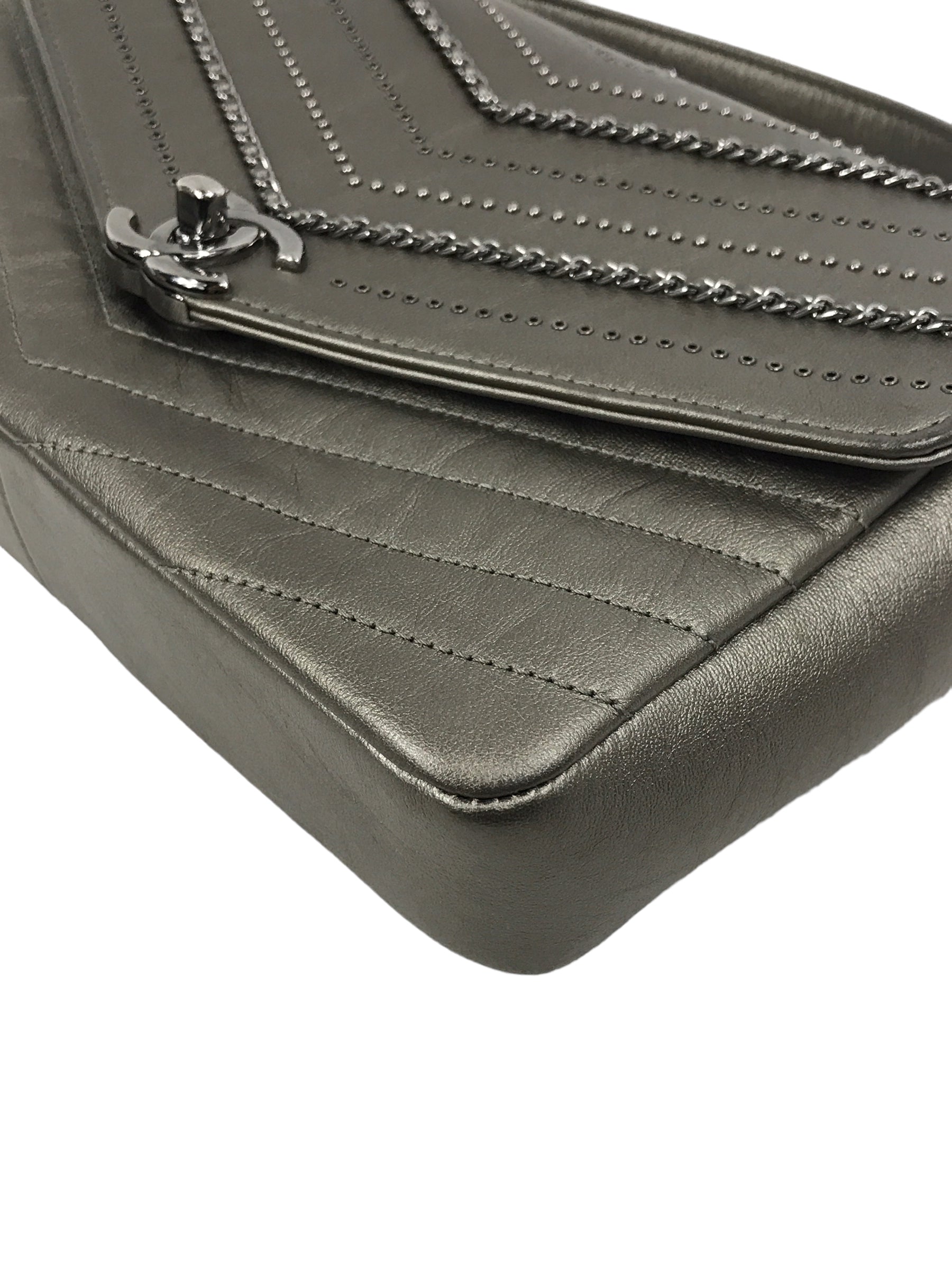 Metallic Grey Calfskin Leather Embellished Chain/Studded Chevron Flap Bag w/SHW