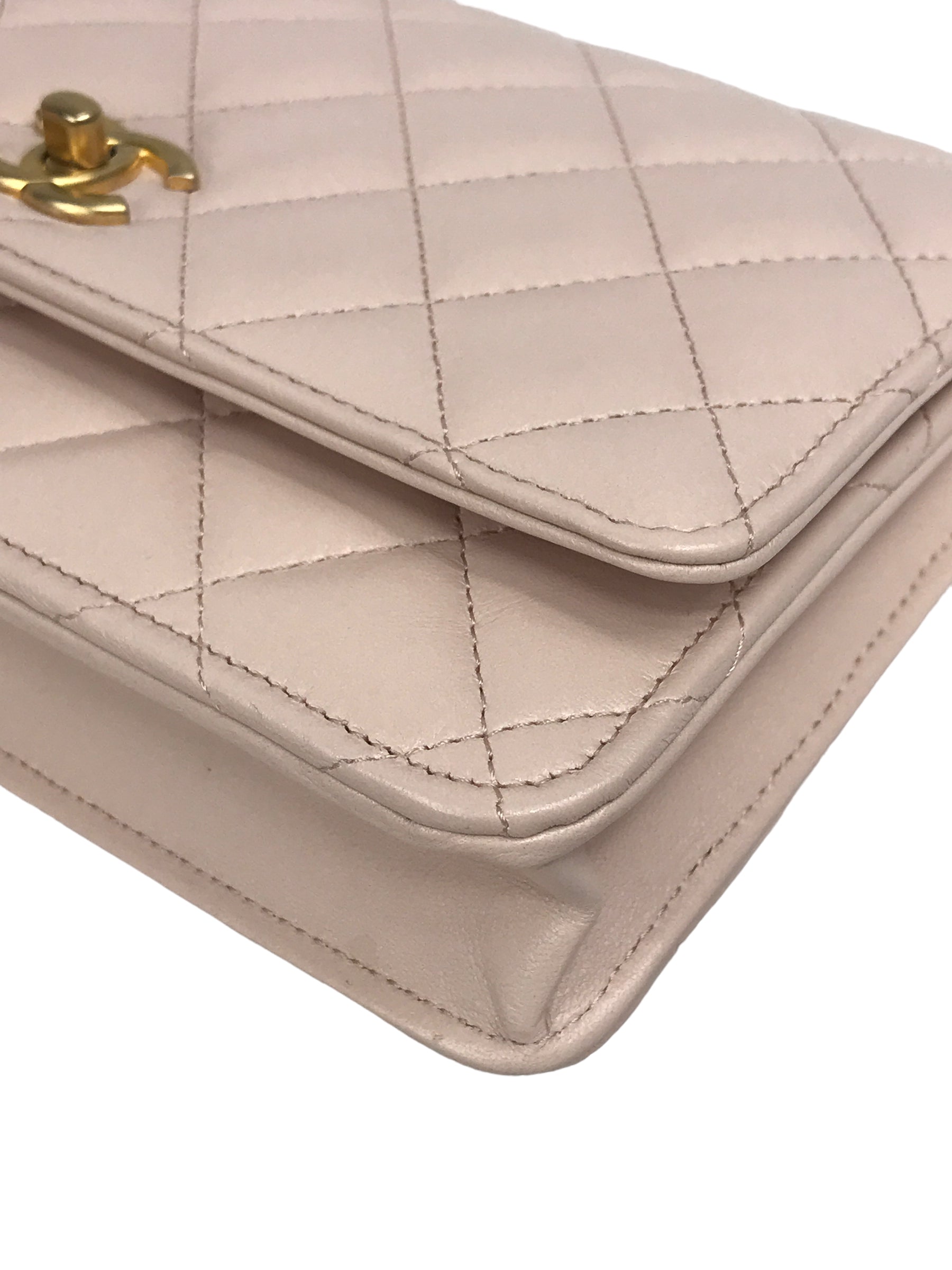 Plush Pink Quilted Lambskin Leather Pearl Crush Wallet on Chain w/AGHW