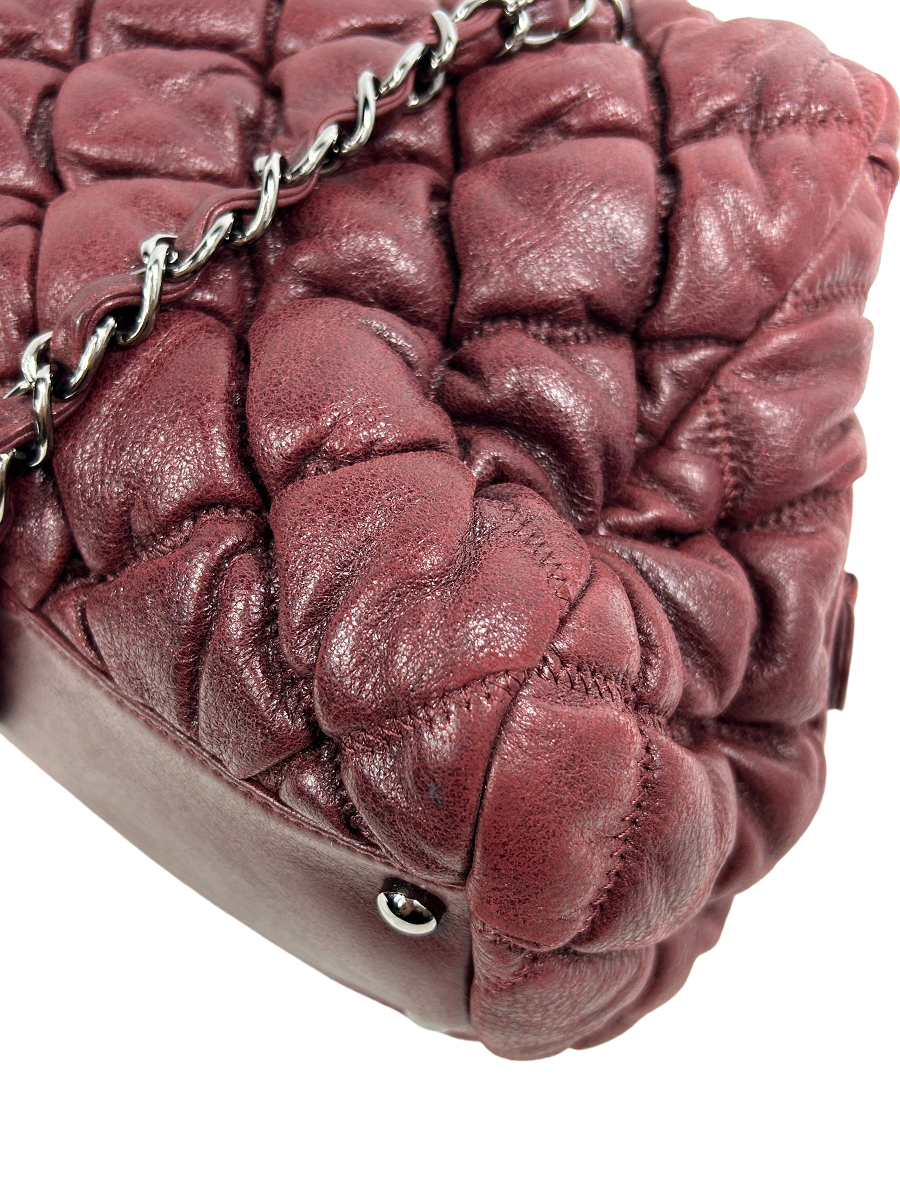 Burgundy Lambskin Leather Bubble Quilted Bowler Bag w/RHW